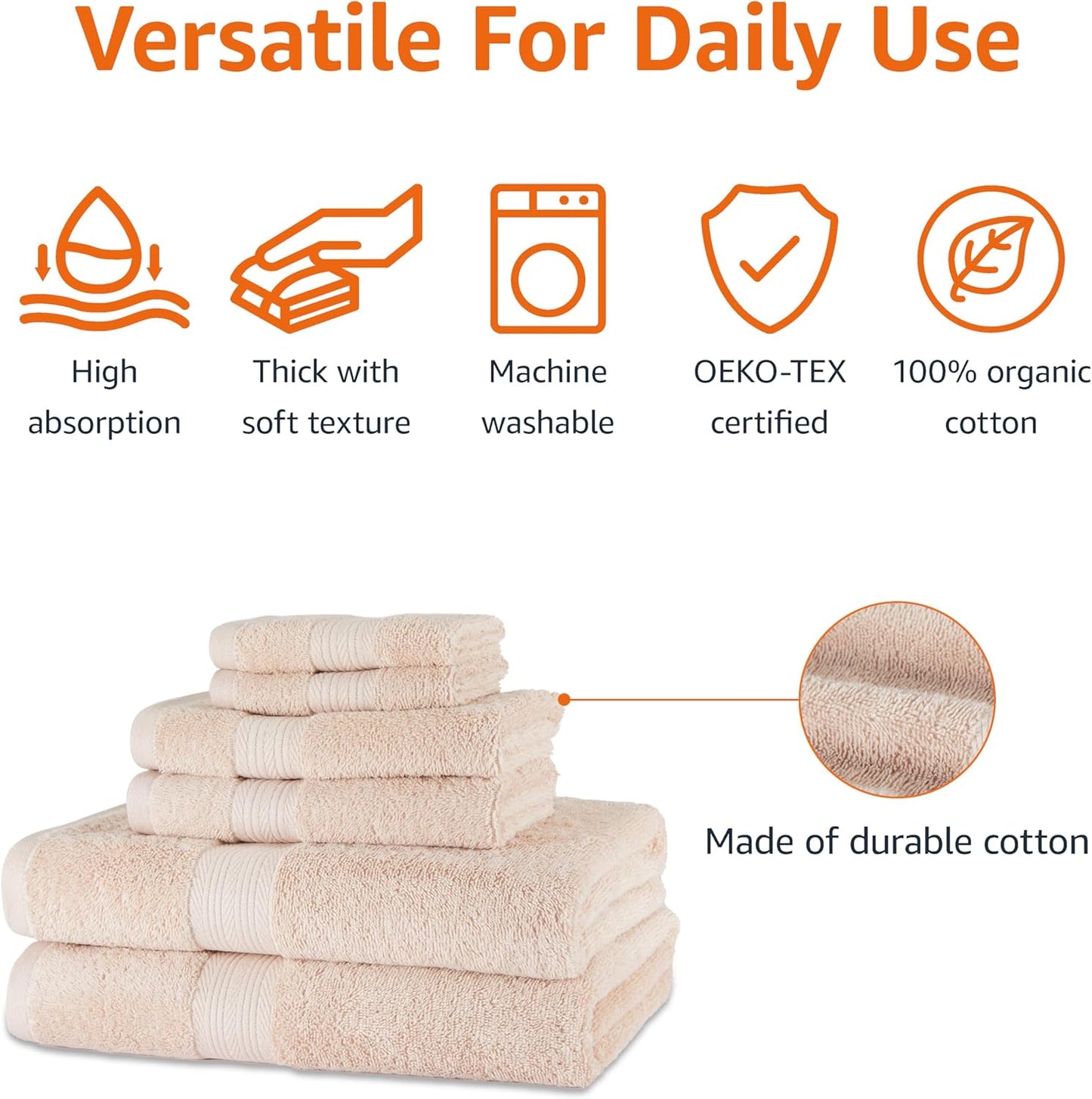 Amazon Basics Fade Resistant Bath, Hand and Washcloth Towel Set, 100% Cotton, Set of 6, 30 x 54 inches, Blush Pink