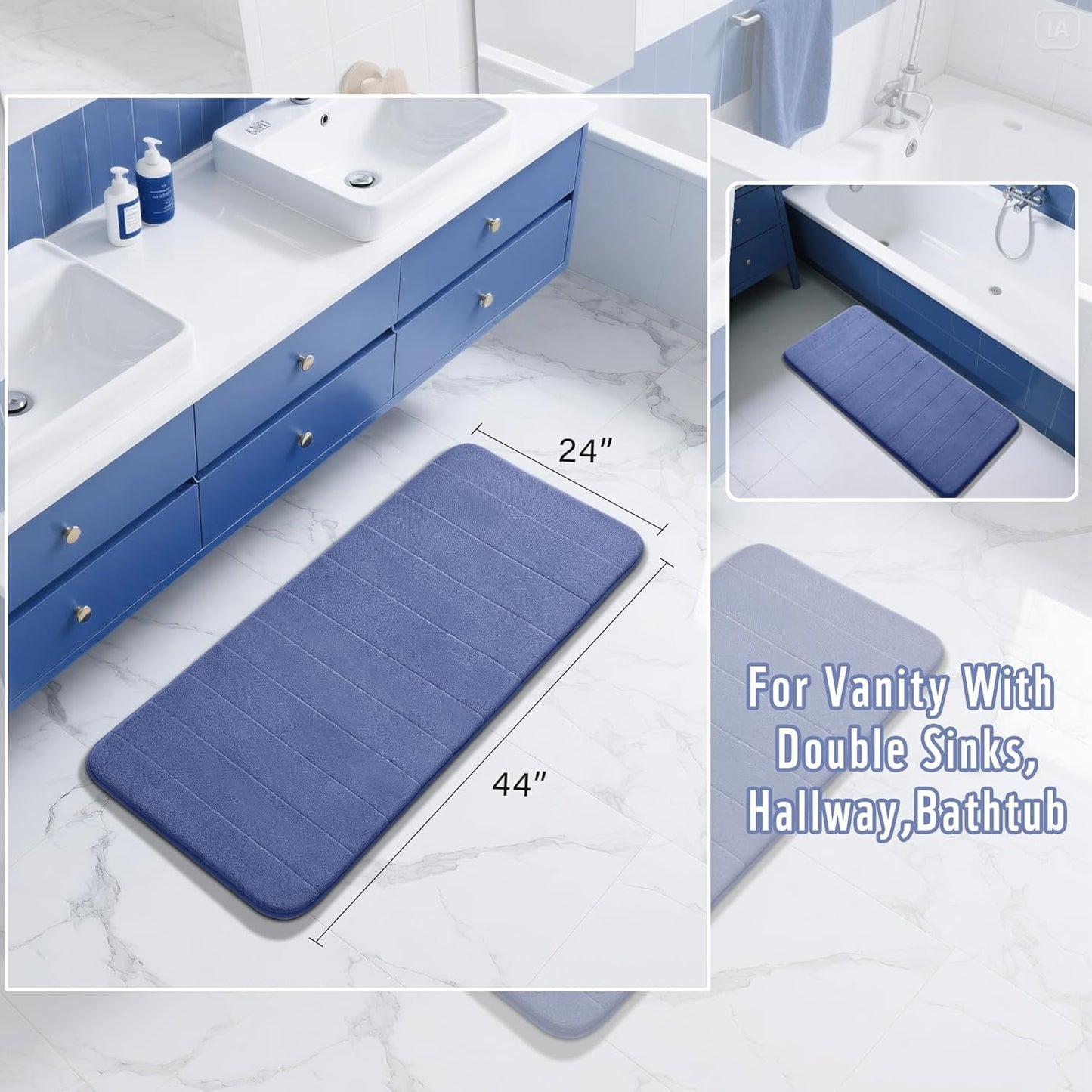 Yimobra Long Bath Mat 44"x24", Super Soft Quick Dry Memory Foam Bathroom Rug, Water Absorbent, Non Slip Backing Machine Washable for Tub Shower, Thick Comfort Support, Navy Blue