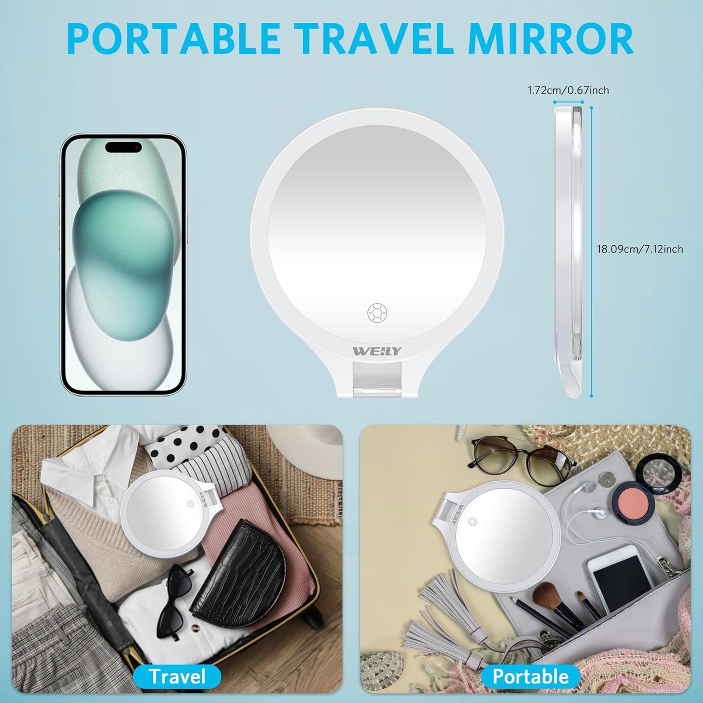 WEILY Magnifying Mirror with Light, 10X/1X Magnification Double-Sided Travel Makeup Mirror, with 3 Color Lights, Touch Control, Rechargeable Portable Mirrors for Bedroom, Bathroom (White)