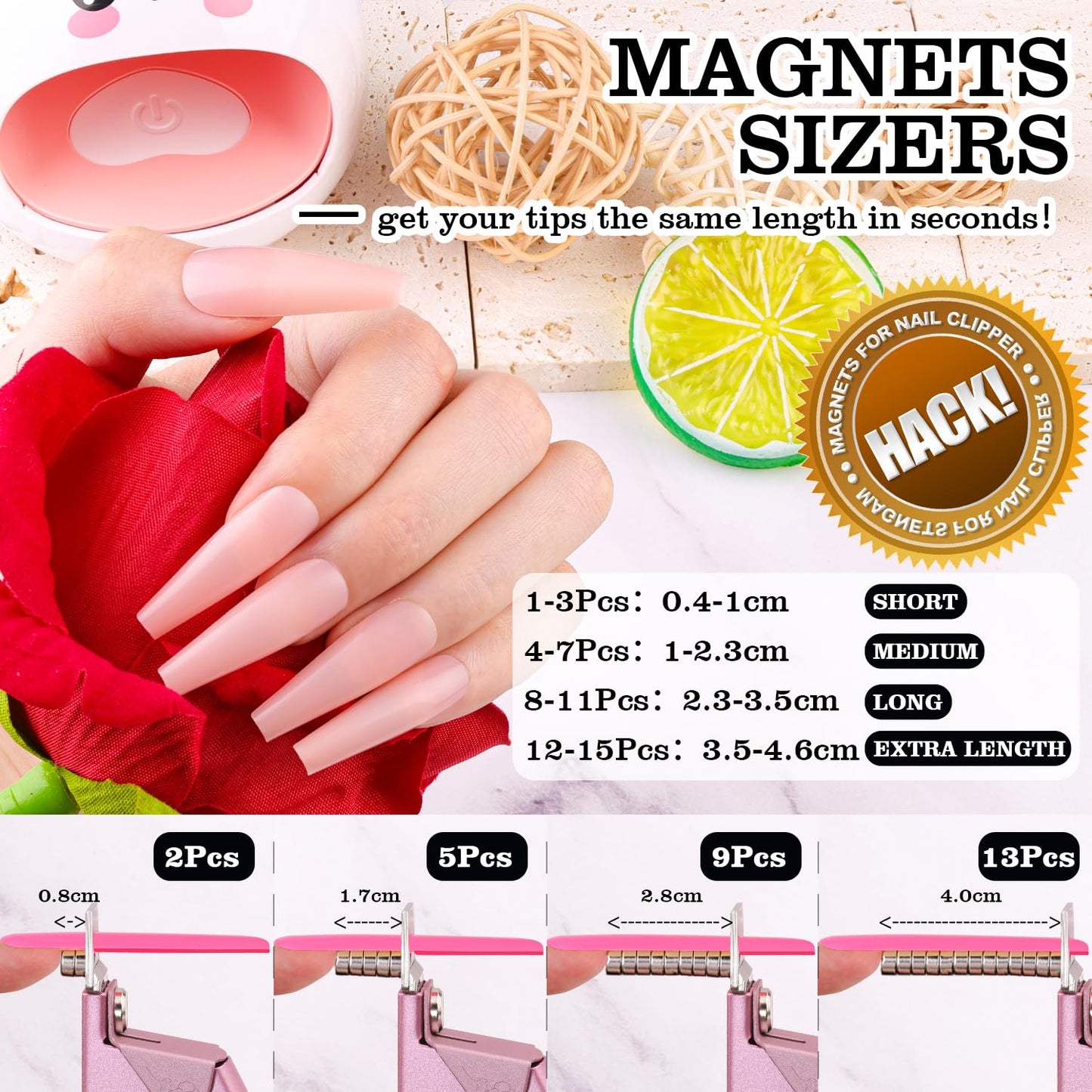 Light Pink(Matte) Premium Nail Clippers with Magnets Sizers for Acrylic Nails, Artificial Fake Nail False Nail Tip Cutter Trimmer Manicure Pedicure Sharp Blade Clip Tool For Salon Home Art Beauty