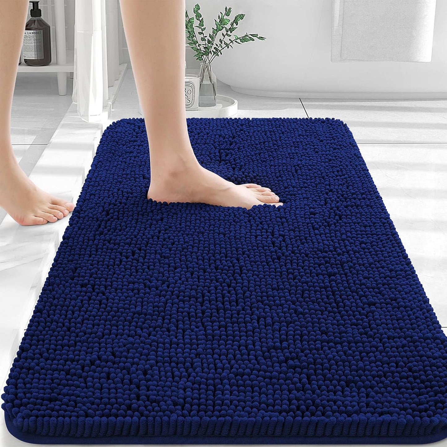 OLANLY Bathroom Rugs 36x24, Extra Soft Absorbent Chenille Bath Rugs, Rubber Backing Quick Dry, Machine Washable Bath Mats for Bathroom Floor, Tub and Shower, Home Decor Accessories, Navy