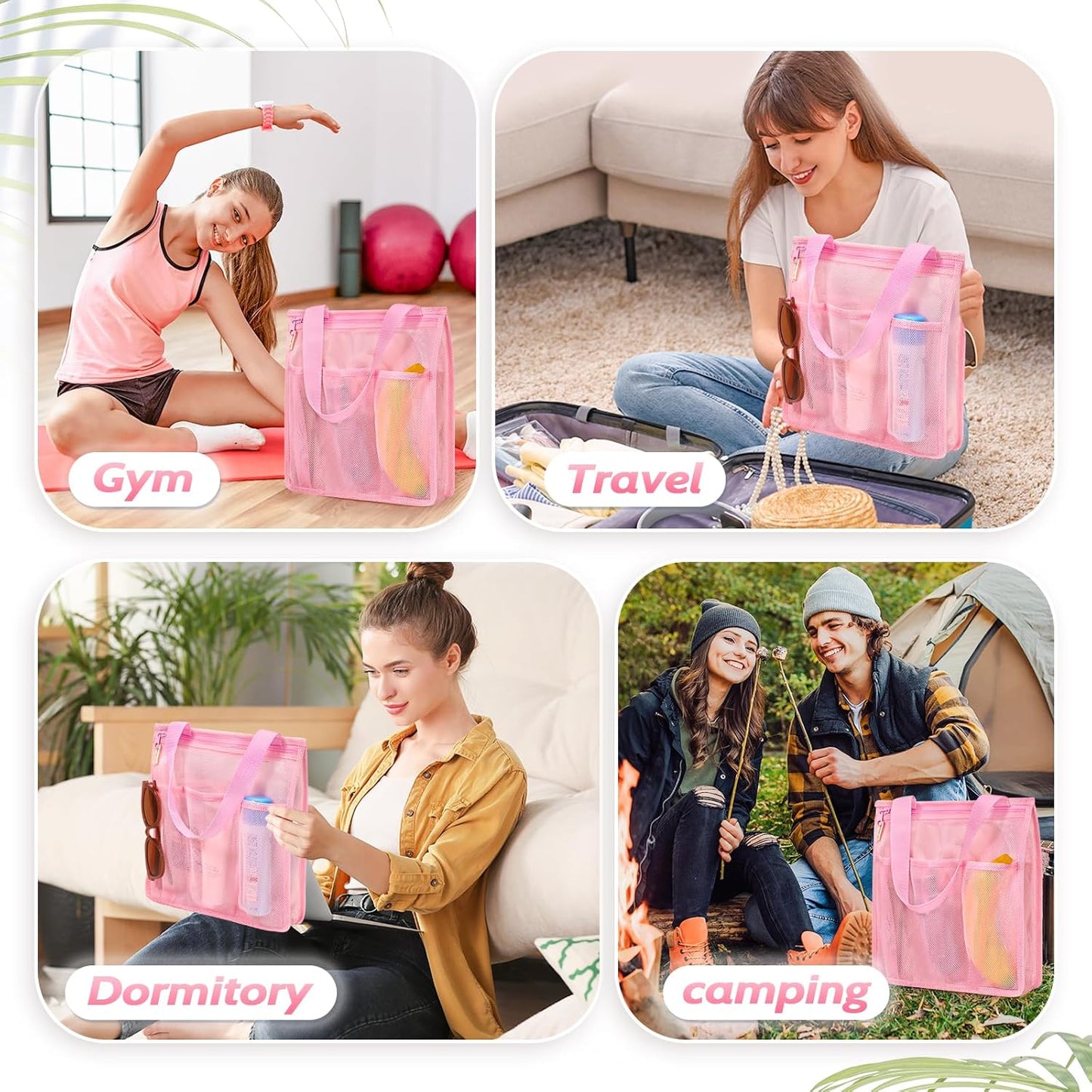 Mesh Shower Caddy Portable, Gym Travel Camp Dorm Room Essentials for Women and College Girl, Pink Bathroom Shower Bag