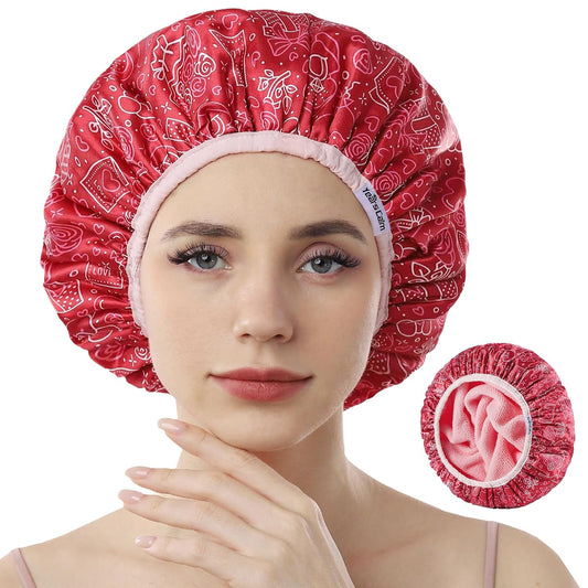 Years calm Terry Lined Shower Cap, Triple Layer Heart Motifs,Waterproof Reusable Elastic,Hair Shower Cap for Women,Terry Cloth Shower Caps for Spa,Clean,Trave (Red, One Size)