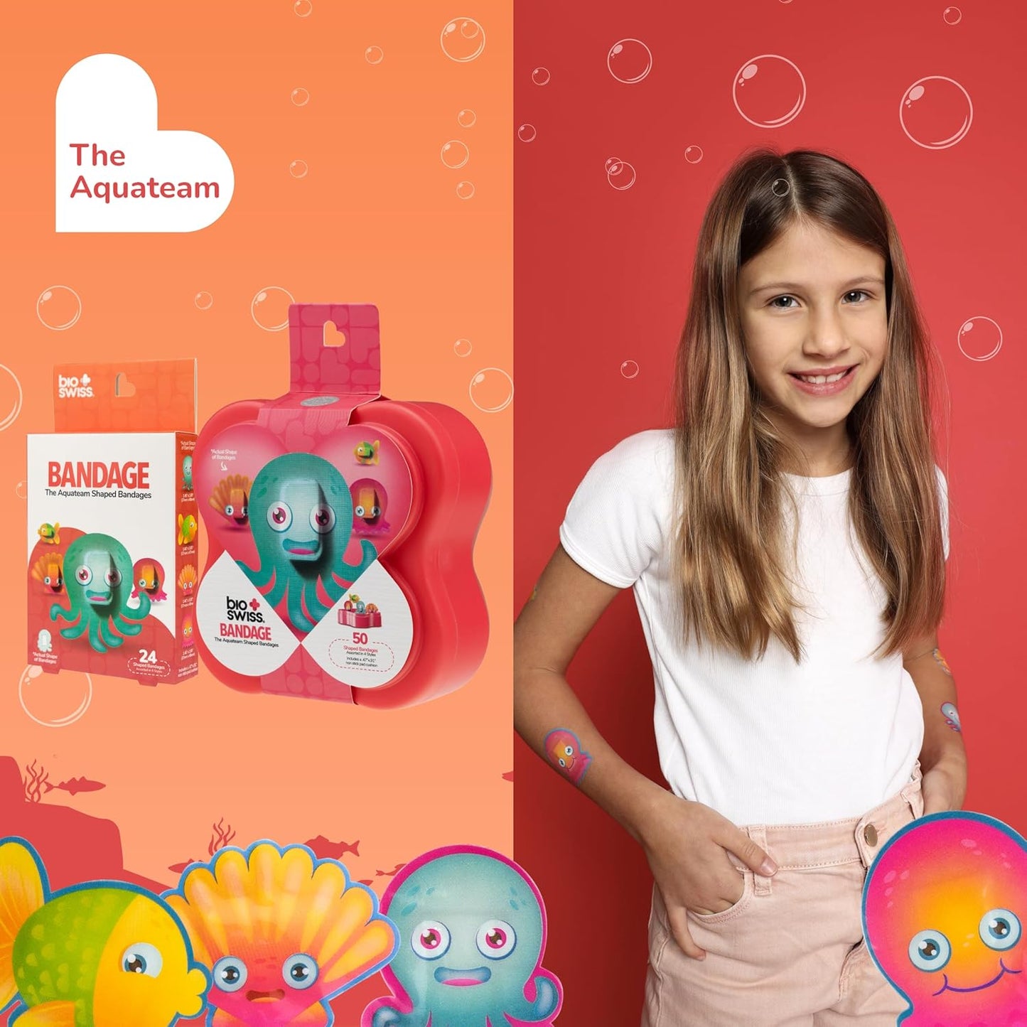 BioSwiss Kids Bandages, Aquateam Sea Creatures Shaped Self Adhesive Bandage Set, Latex Free, Sterile Wound Care, 24 Count