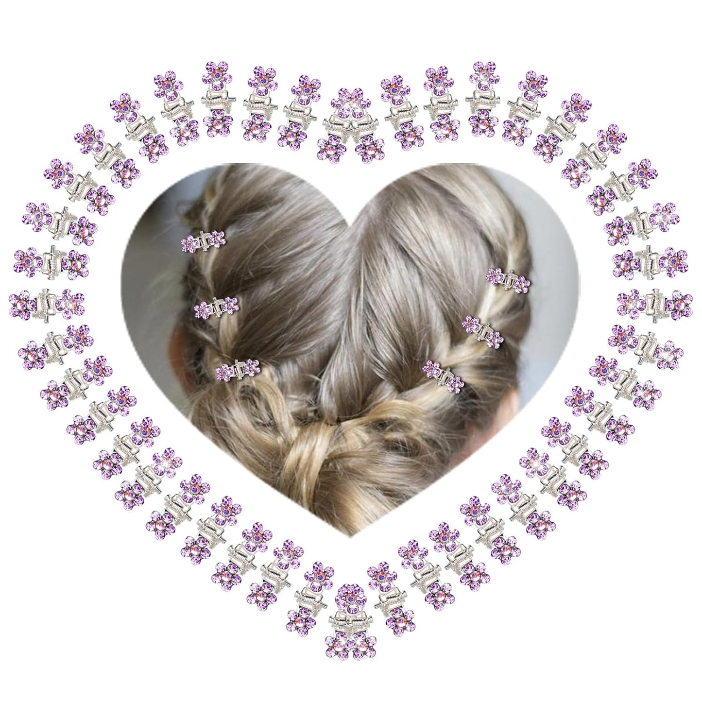 65PCS Mini Purple Flower Hair Clips with Rhinestone Mini Glitter Teeth Rhinestone Flower Hair Accessories No-Slip Grip Metal Jaw Clamps for Girls Women (Silver-Purple Crystal)
