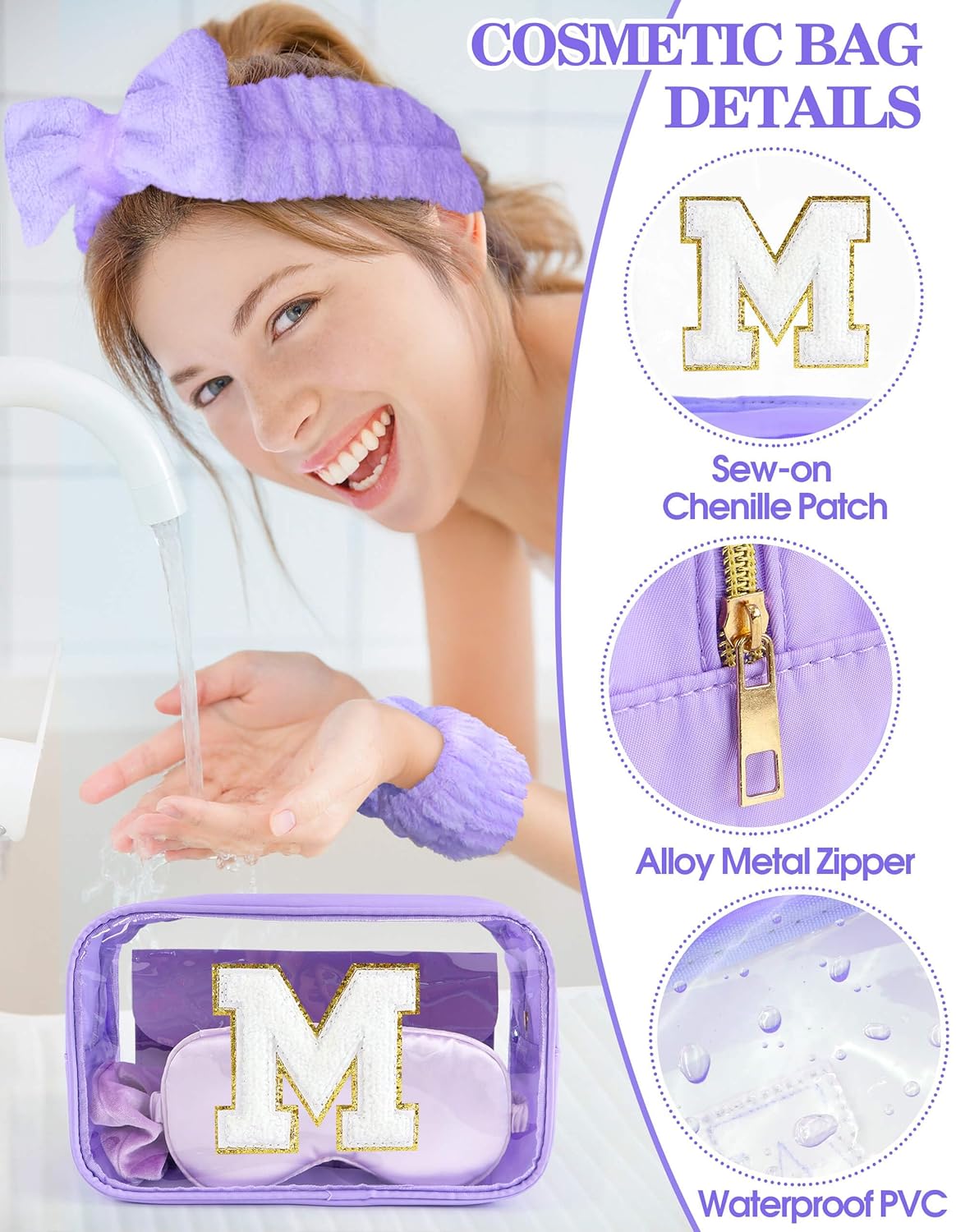 Gift Sets for Women, Initial Makeup Bag with Makeup Brush Set Bachelorette Party Favors, Purple Spa Kit with Skincare Headbands Wrist Bands Sleepover Party Supplies Gifts for Teen Girls Bridesmaid M