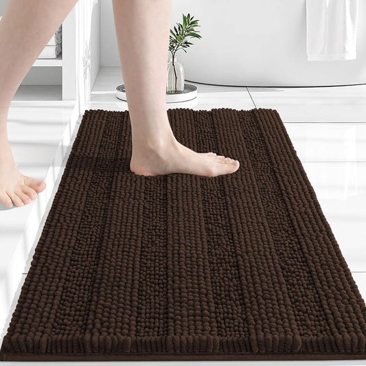 Grandaily Chenille Striped Bathroom Rugs 30x20, Extra Thick and Absorbent Bath Mats, Non-Slip Soft Plush Shaggy Shower Carpet, Machine Wash Dry, Bath Rug for Bathroom, (Medium, Brown)