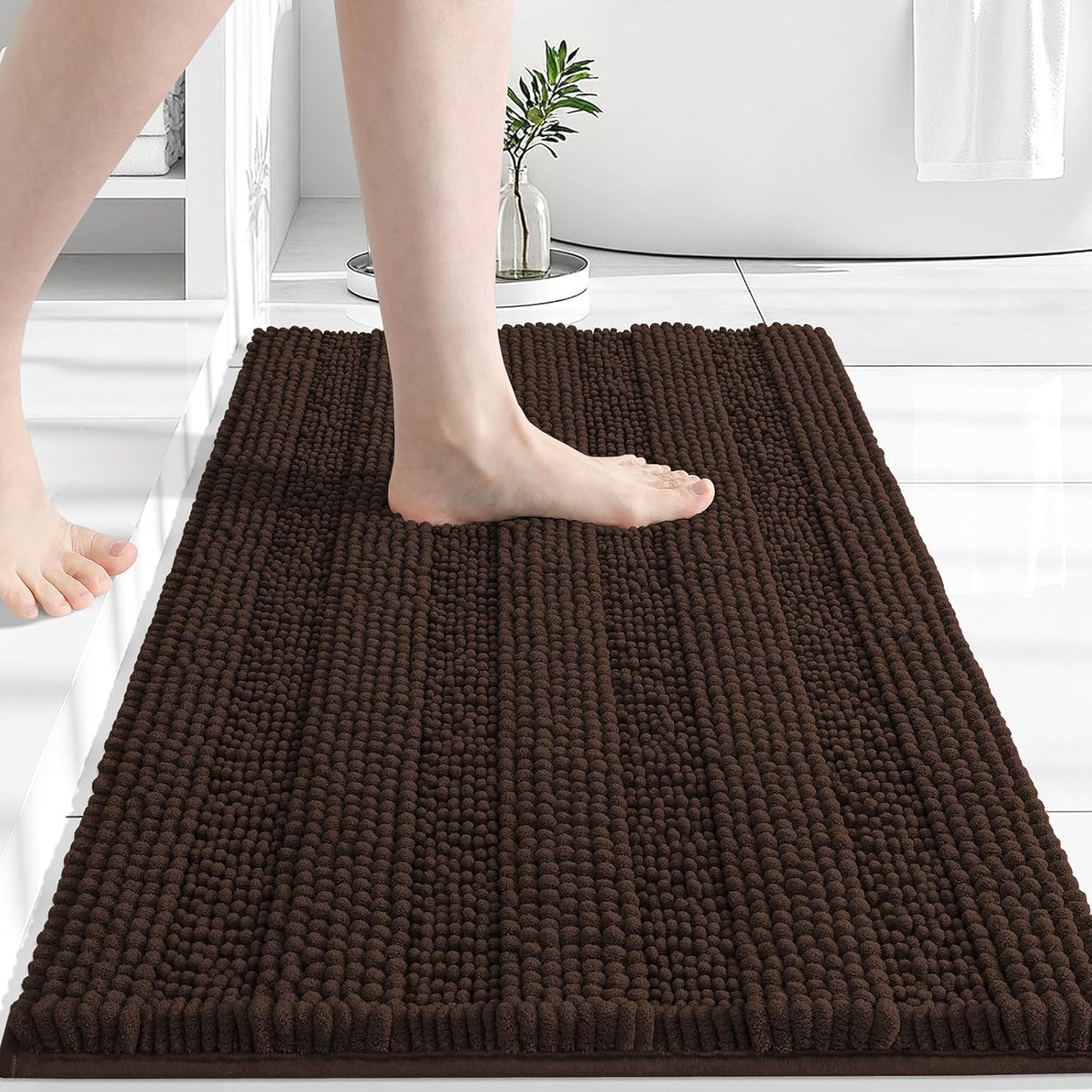 Grandaily Chenille Striped Bathroom Rugs 24x16, Extra Thick and Absorbent Bath Mats, Non-Slip Soft Plush Shaggy Shower Carpet, Machine Wash Dry, Bath Rug for Bathroom, (Small, Brown)