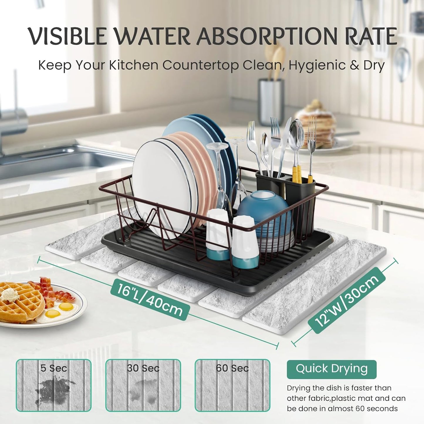 Stone Dish Drying Mat Collapsible Diatomaceous Earth Absorbent Mat Quick Dish Drying Pad Dish Rack Pad Match Any Counter to Multiple Usage for Kitchen,Bathroom