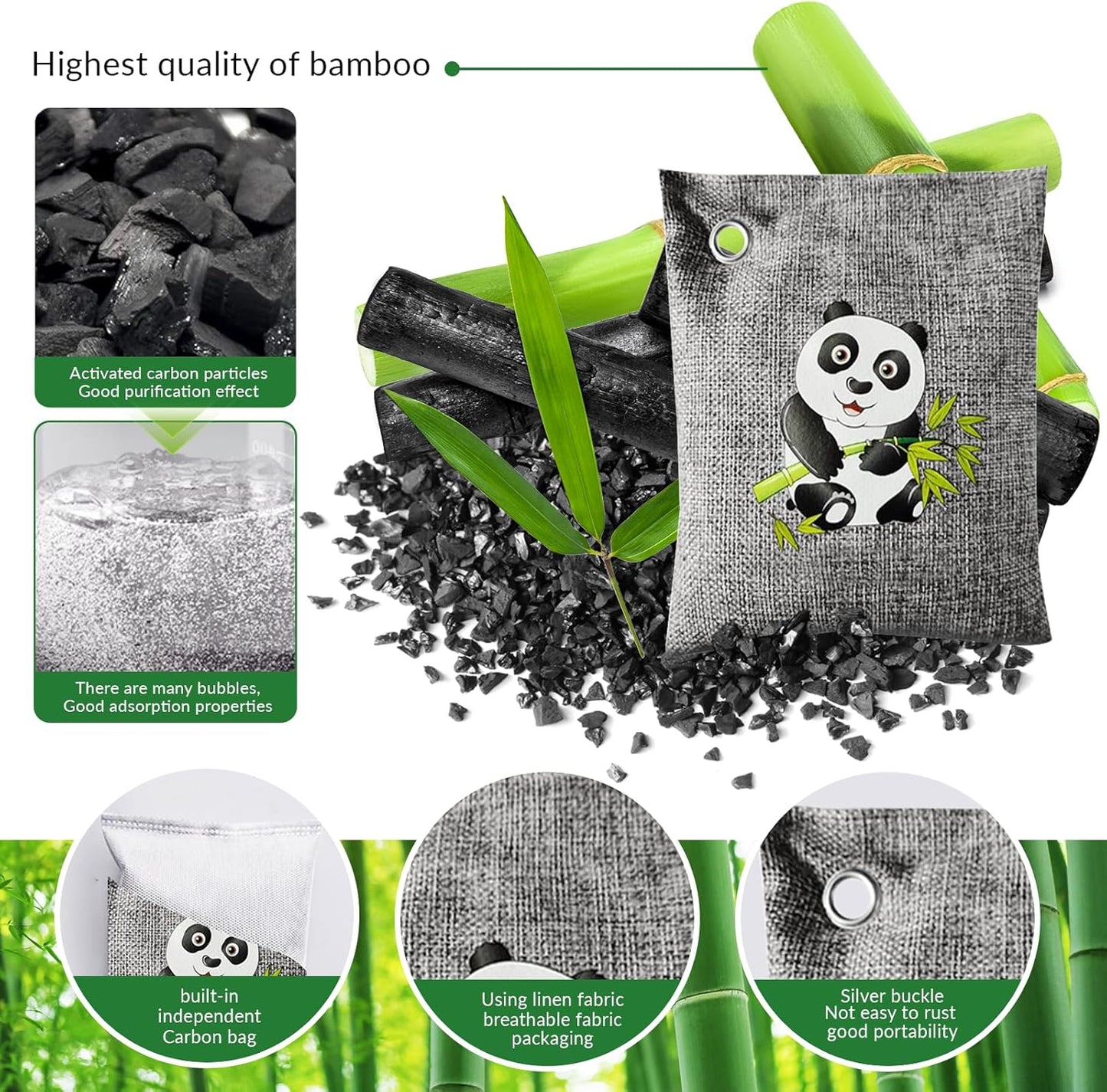 4 Pack charcoal odor absorber,Bamboo Charcoals Air Purifying Bag Charcoals Deodorizer Eliminator for Strong Odors in Car, Closet, Shoe, Basement (200G*4 Pack Panda, Unscented)