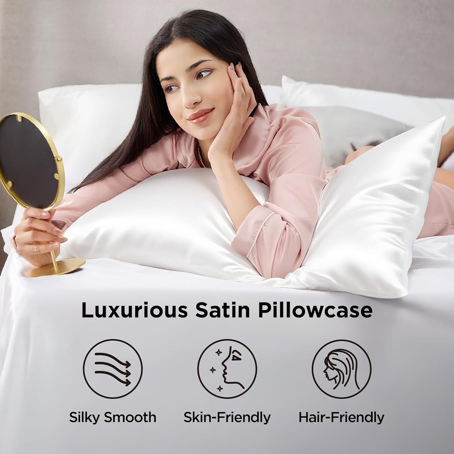 Bedsure Satin Pillowcases, Similar to Silk Pillow Cases Queen Size Set of 2, Pure White Cooling Pillow Case for Sleeping Women with Envelope Closure, Gifts for Women Men, 20x30 Inches, 2pcs