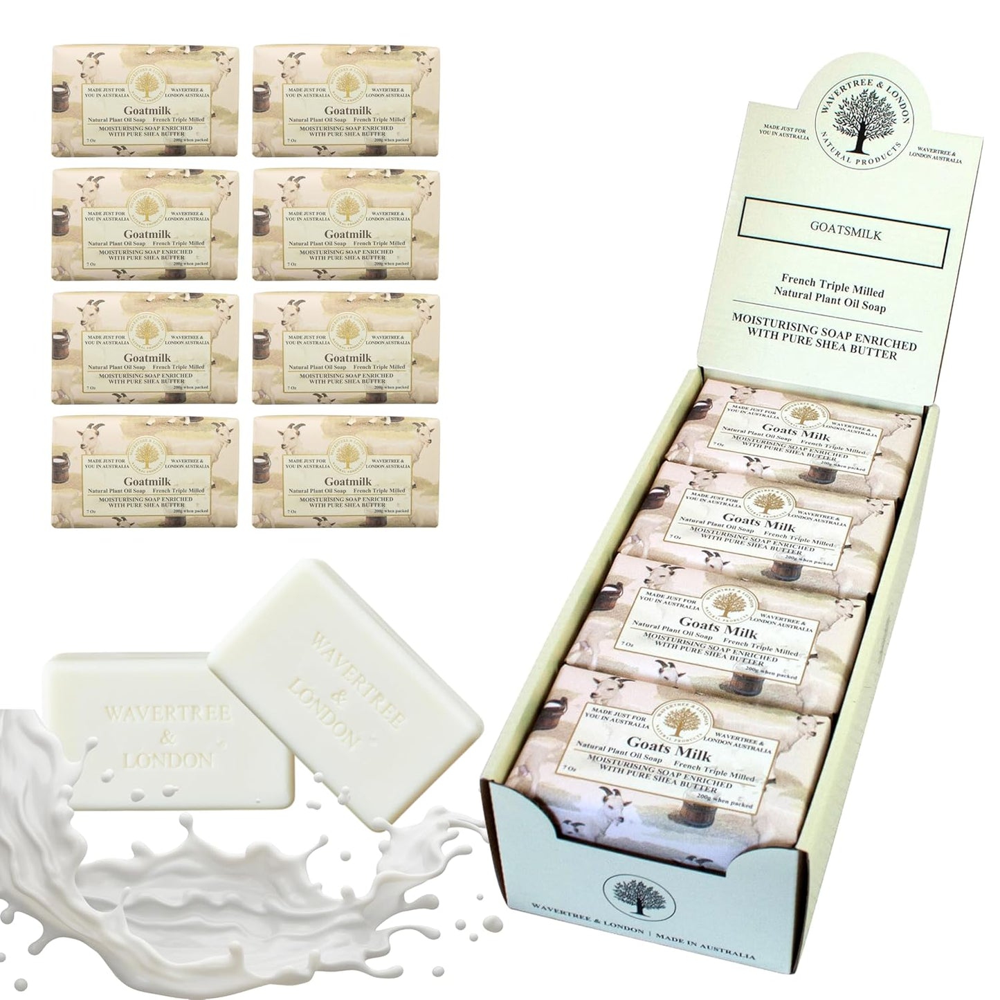 Wavertree & London Goats Milk Scented Natural Soap Bars (Pack of 8), 7oz Moisturizing French Triple Milled Soap Bars enriched with shea butter - Plant Based Bath & Body Bars for All Skin Types