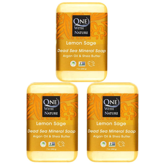 One With Nature Dead Sea Salt Lemon Sage Soap 7oz 3-Pack – Purifying and Exfoliating Soap Bar with Dead Sea Minerals for Face & Body, for Men & Women