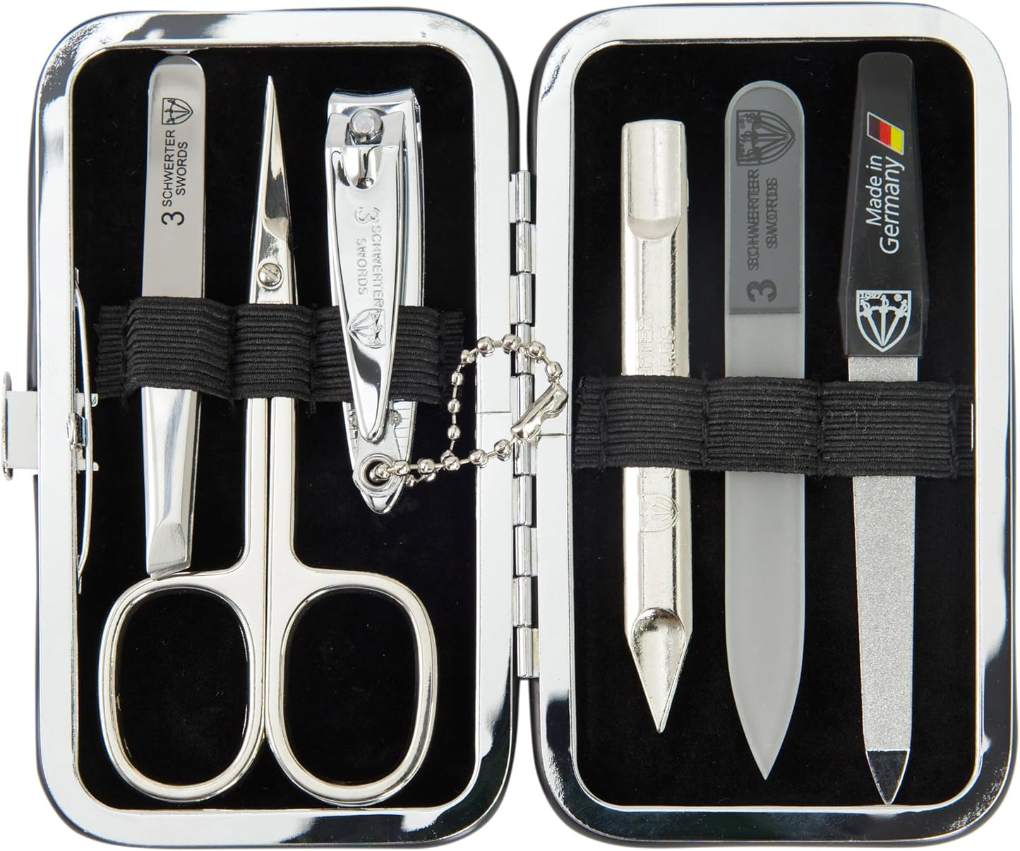 3 Swords Germany - Brand Quality 6 Piece Manicure Pedicure Grooming kit Set - Scissors, Metal and Glass Nail File, Clipper, Tweezers with Synthetic Leather case - Brown II