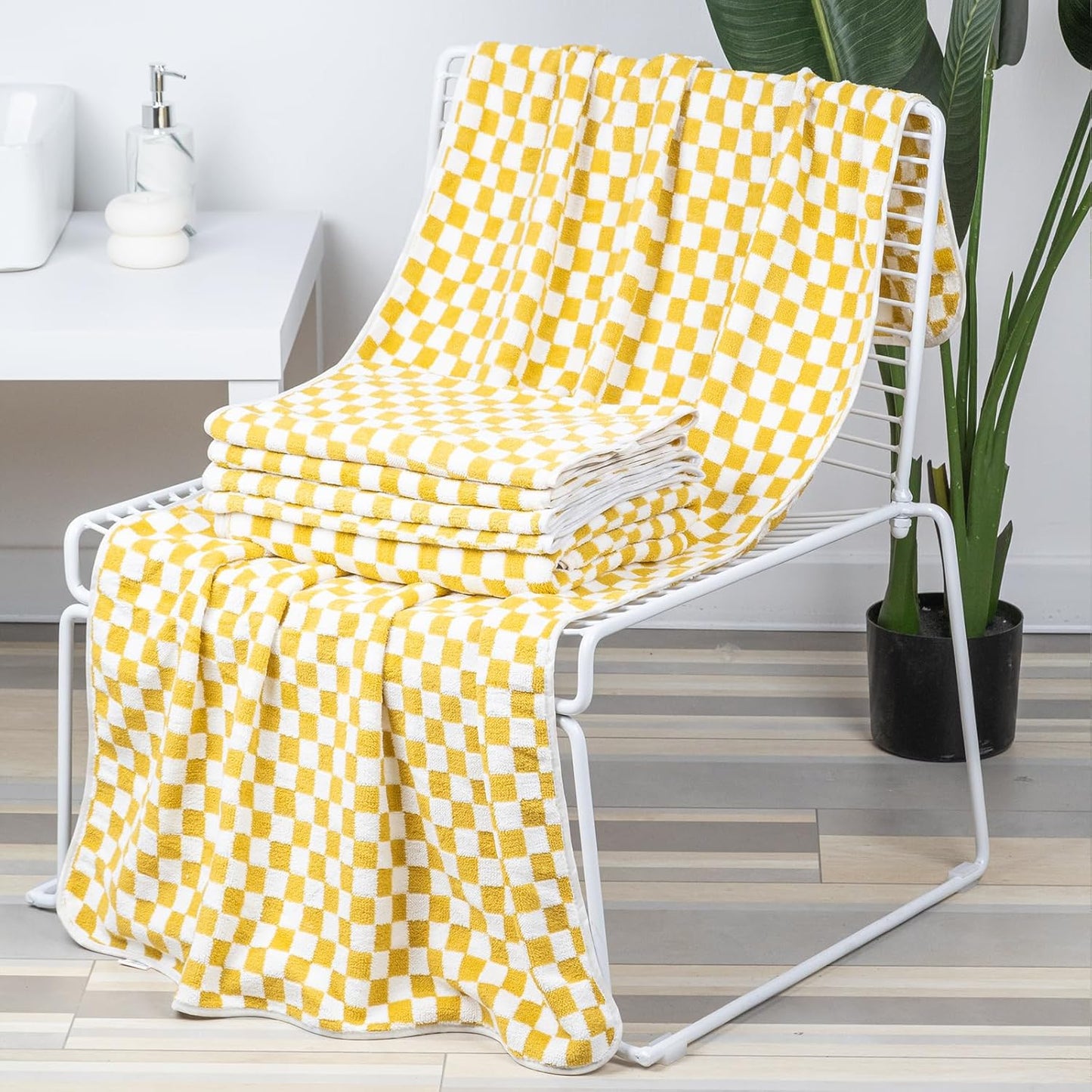Checkered Bath Towels Set of 6 Large, Microfiber Shower Towels * 2 (55.12"*27.56"), Hand Towels * 4 (29.52"*13.77"),Towels for Bathroom、Pool、Hotel, Spa, Soft Absorbent Quick-Dry（Yellow