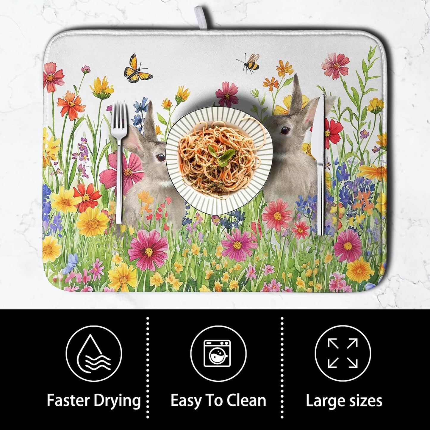 Easter Dish Drying Mat for Kitchen Counter Easter Bunny Flowers Dish Drying Pad Spring Rabbit Floral Dishes Drainer Mats Absorbent Microfiber Kitchen Countertop Protector Drying Mats 16x18 in