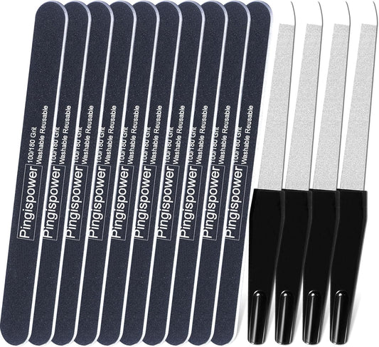 Nail Files Set, 14PCS Professional Metal Nail File & Emery Boards for Natural Nails (100/180 Grit), Double Sided Reusable & Washable Manicure Kit for Women, Home & Salon