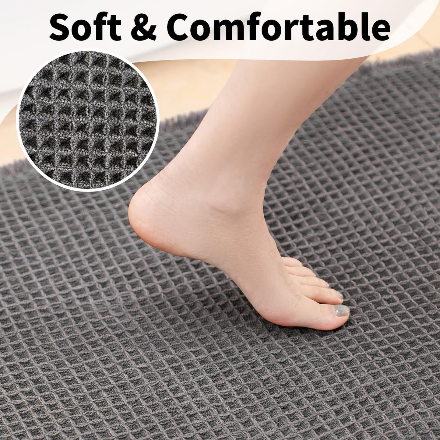 Waffle Bath Mat - Boho Bathroom Rugs Non Slip Washable, Super Absorbent & Quick Dry, Soft Bath Mat Farmhouse Bathroom Decor, 24'' x 48'', Dark Grey