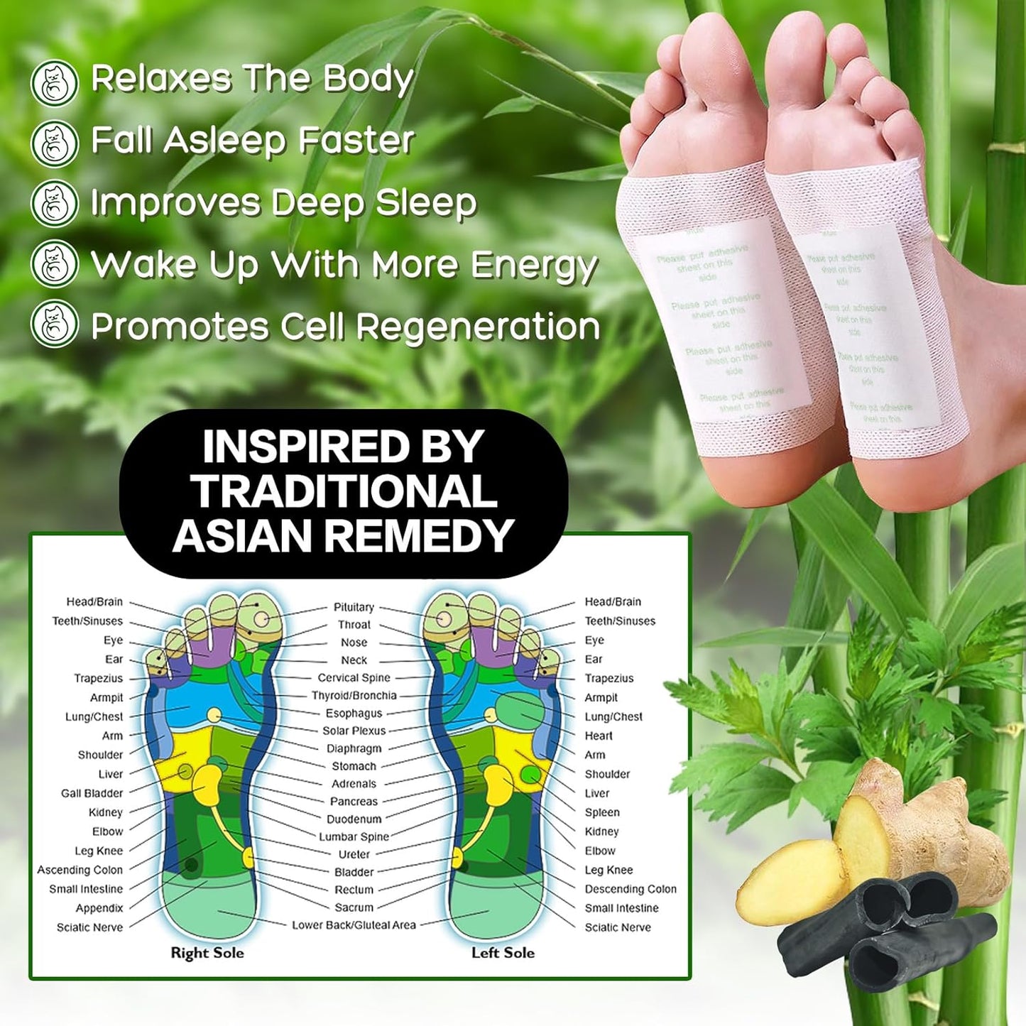 Foot Pads Kit 50 Pack Foot Pads, Ginger Oil Bamboo Charcoal, Foot Care Patch Message Deep Cleansing for Stress Relief, Better Rest, Feet Health Patches, Relaxing Muscles Set