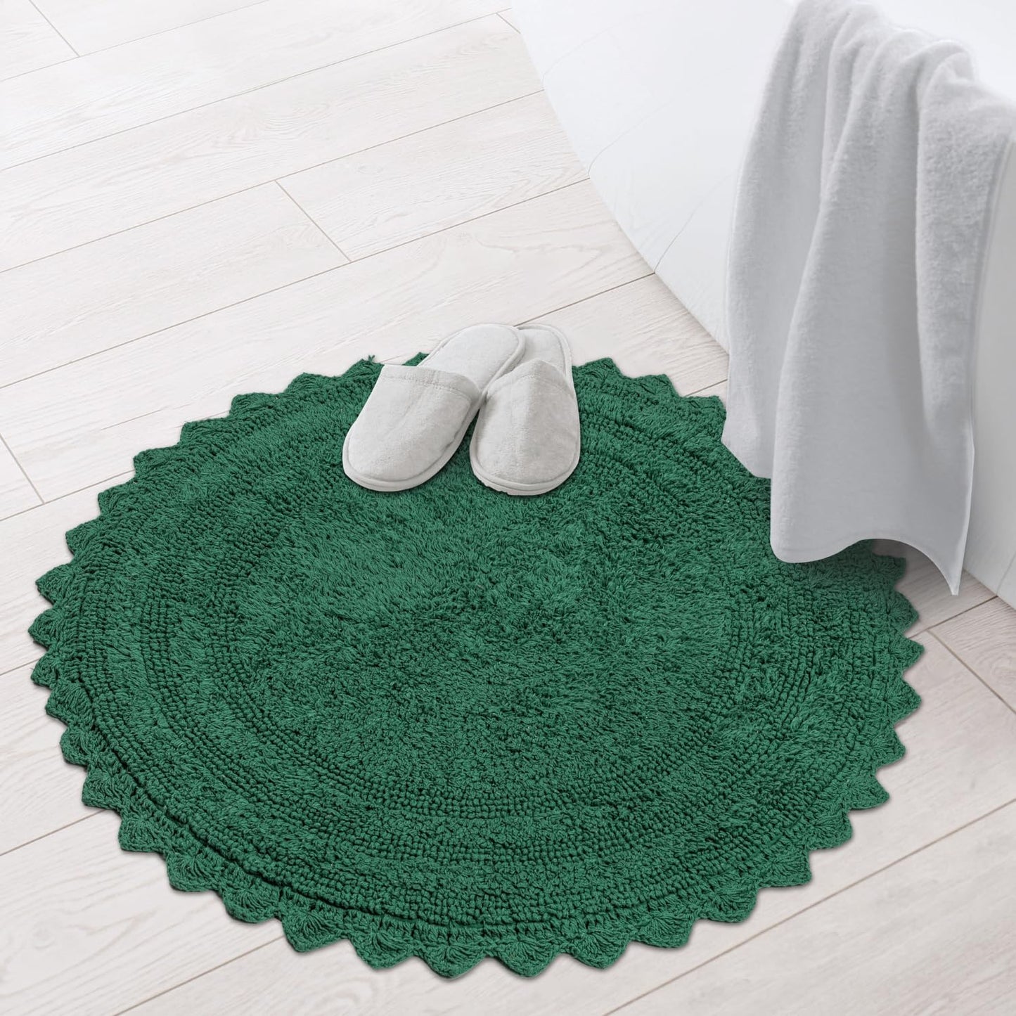 RAJRANG Foliage Green Crochet Round Rug – 24 Inch Cotton Bath Mat, Reversible, Soft & Absorbent Circle Rug for Bathroom, Vanity, Spa, or Boho Home Décor