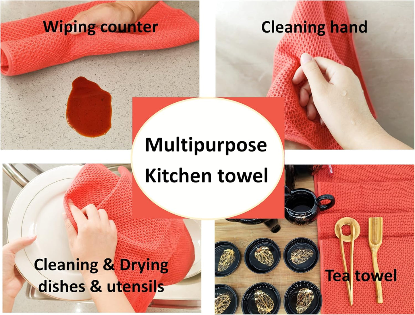 Kitchen Towels 100% Cotton Waffle Weave Dish Towel for Cleaning Drying Dishes Extra Absorbent and Soft, Dish Cloth,13 x 28 in(Reddish Orange-4 Pack)