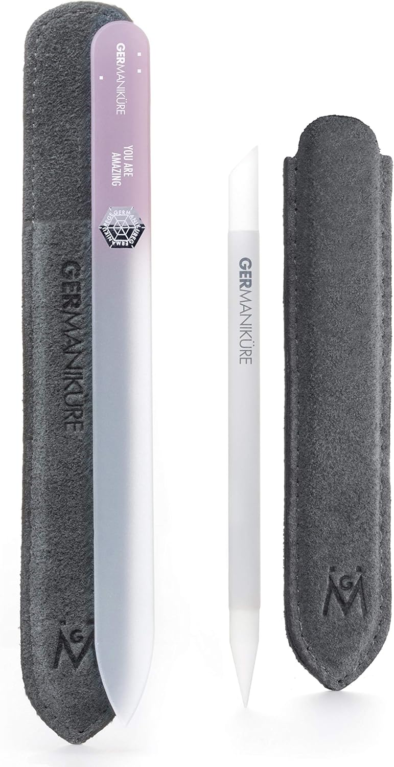 GERMANIKURE 2 Pc Glass Bundle - Crystal Glass Cuticle Stick & You are Amazing Nail File in Suede Sleeves – Handmade in Czech Republic – Professional Manicure Supplies – Cuticle Pusher, Callous Remover