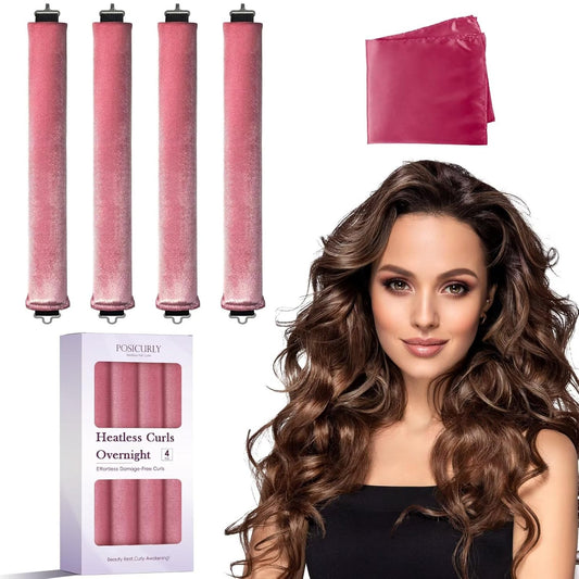 Heatless Curls Overnight Hair Curlers - 4 Pcs No-Heat Curling Rod to Sleep In,Velvet Hair Rollers with Satin Wrap