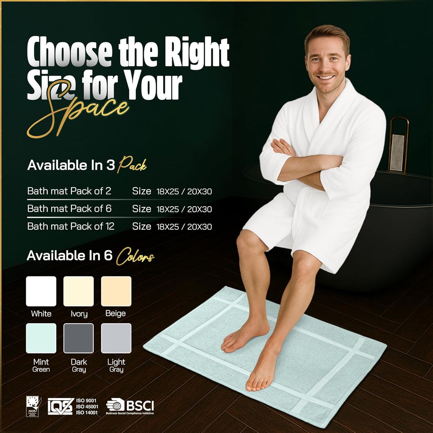 Pearl Linens Pack of 2 100% Cotton Bath Mat 18x25 inches, Soft & Absorbent Quick Dry Bathroom Mat Set, Not Bathroom Rugs, After Shower Mat, Bath Tub Mat, 687 GSM, Machine Washable, Mint Green