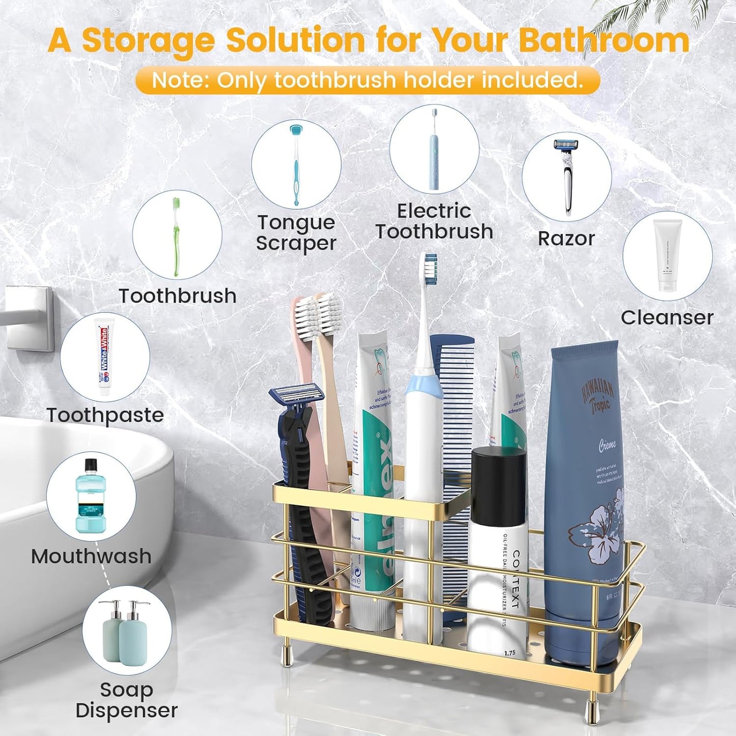 Luxspire Toothbrush Holders, 6 Slots Stainless Steel Tooth Brush Holder with Drainage, Toothbrush Holder for Bathroom Countertop & Kitchen Sink, Bathroom Accessories, Gold