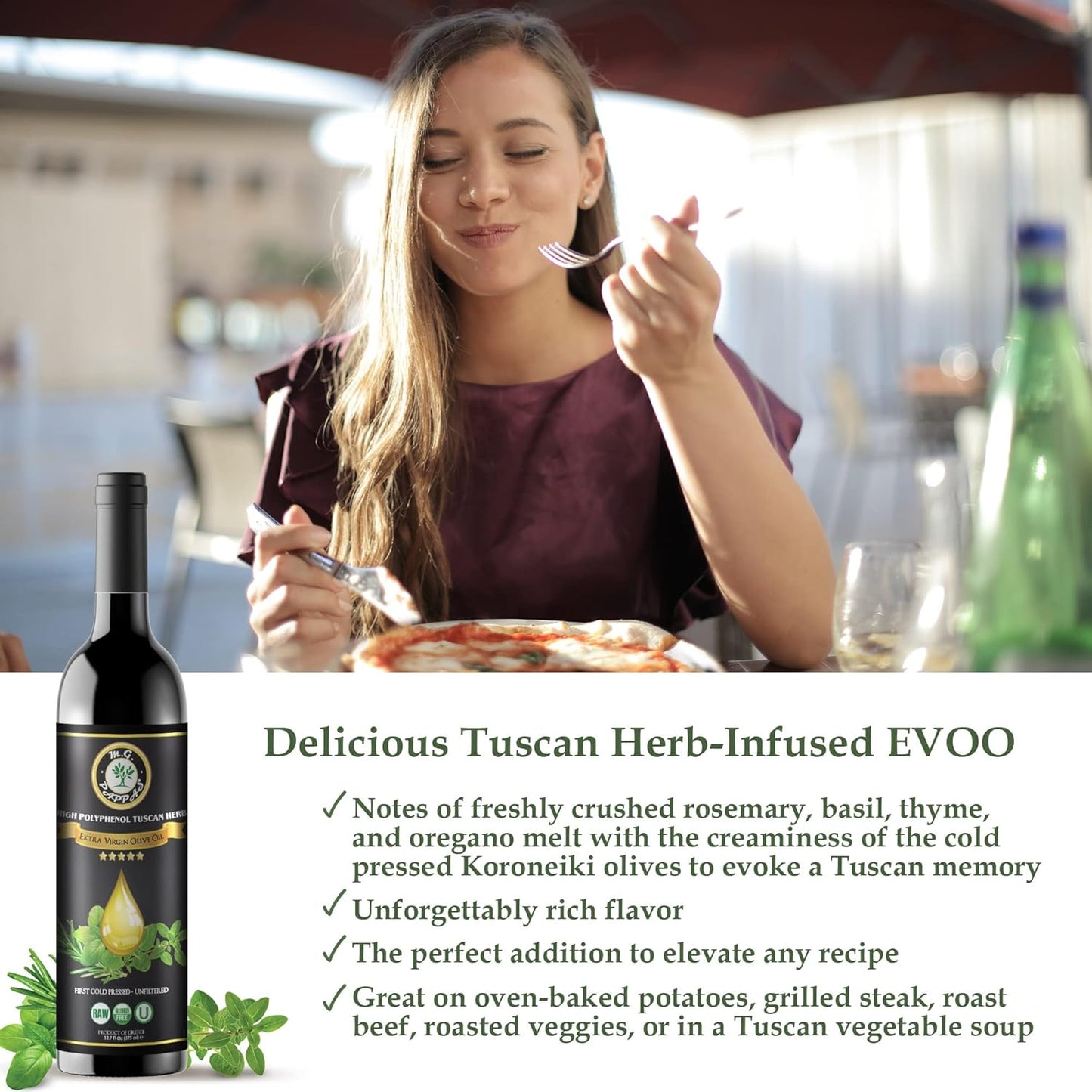 M.G. PAPPAS High Polyphenol Tuscan Herb Infused Olive Oil Extra Virgin - Polyphenol Lab Report 650mg/kg - Unfiltered First Cold Pressed Greek EVOO - Award Winning - Salads Dipping Cooking Baking