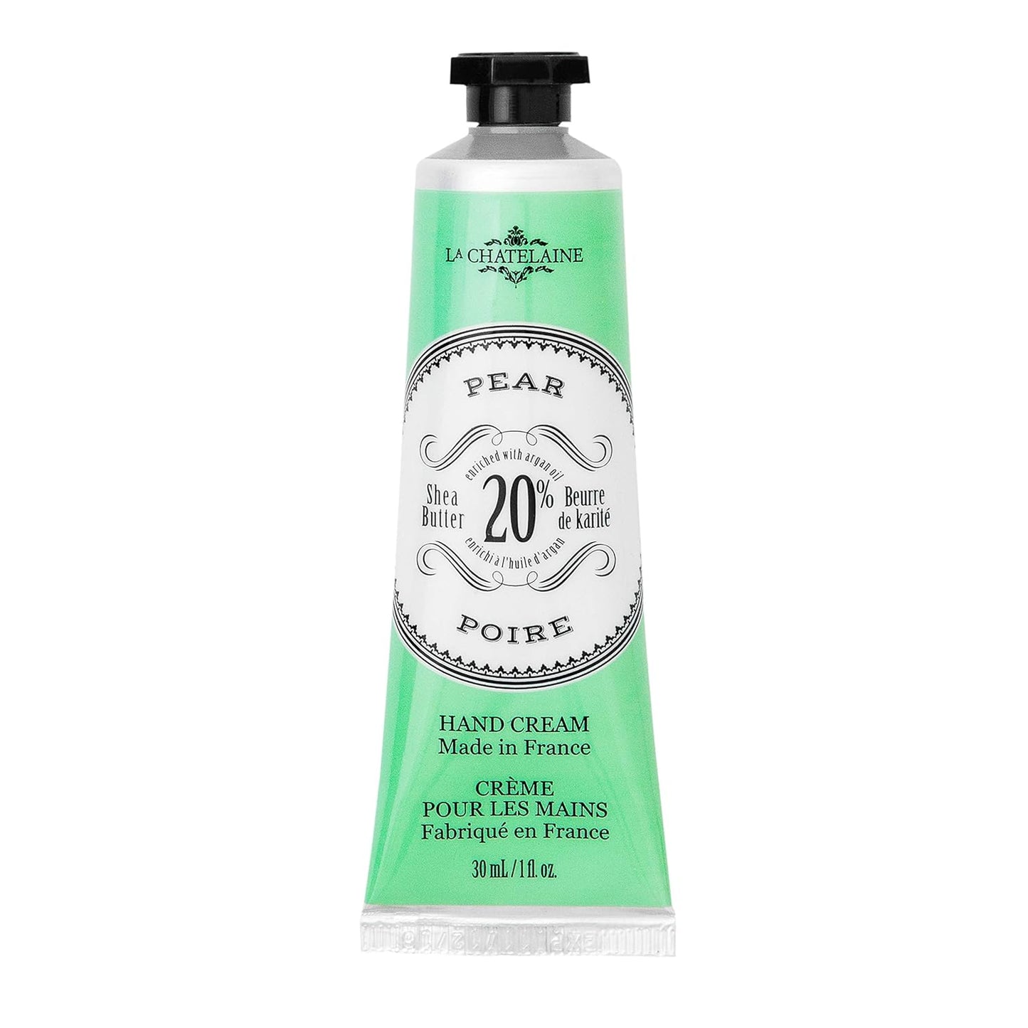 La Chatelaine 20% Shea Butter Hand Cream, Travel Size 1 fl oz with Organic Argan Oil, Moisturizing, Nourishing, Repairing, Non-Greasy Formula, Made in France, Paraben Free - Pear