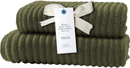 Blue Loom Ribbed Bath Sheet & Towel, 100% Cotton 600 GSM, Soft Absorbent Durable Quick Drying Bath Sheet & Bath Towel Set for Bathroom - Mason Set of 2 Moss Green (65" x 45" & 58" x 30")