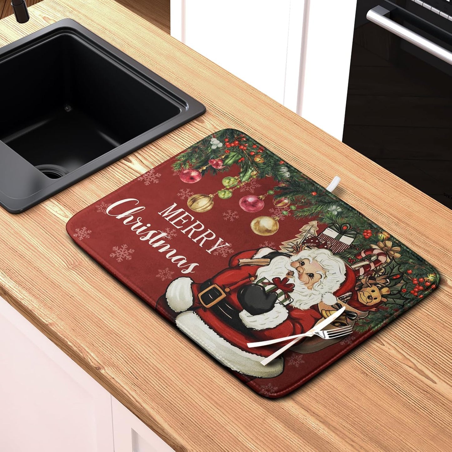 Merry Christmas Dish Drying Mat Santa Claus Kitchen Drainer Mats Microfiber Absorbent Winter Xmas Holiday Dishes Pad Reusable Dish Rack Mat for Countertop Tableware Decor 16x18 Inch