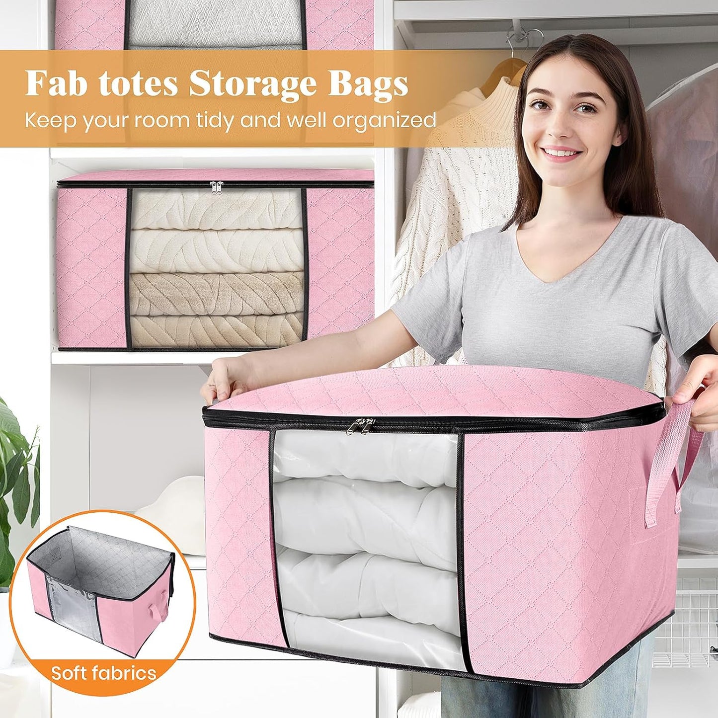 Fab totes 4 Pack Clothes Storage, Foldable Thick Fabric Blanket Storage Bags, Containers for Organizing Bedroom, Closet, Clothing, Comforter, Organization with Handle,Pink