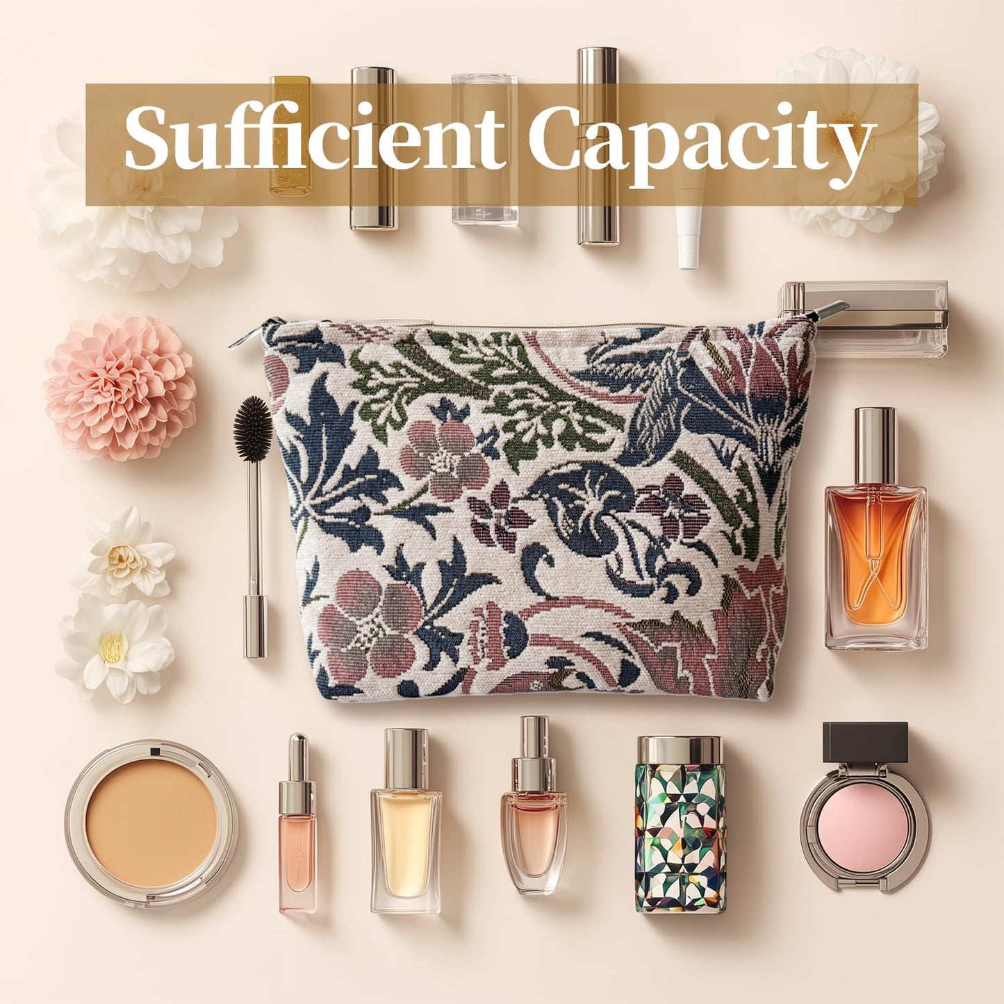 Floral Makeup Bag for Women, Make Up Bag for Purse, Thick Chenille Flower Cosmetic Bag, Makeup Pouch with Zipper Lining, Pouch Bag for Travel Daily Use Storage Gift, Makeup Zipper Pouch