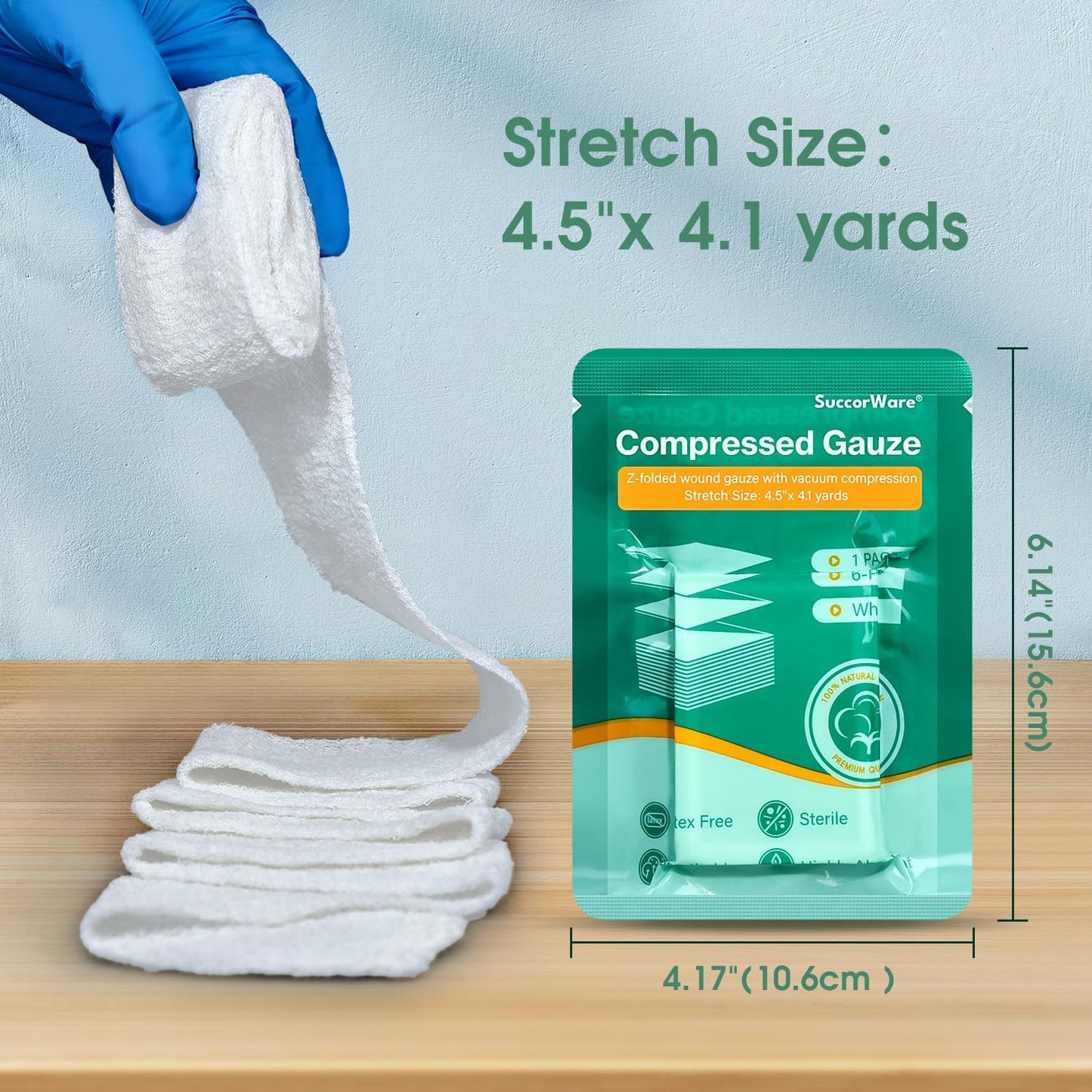 8 Packs Sterile Compressed Gauze with Z-Folded - Wound Gauze for Bleed Stop, 4.5" x 4.1 Yards, 6-Ply - for First Aid Kit,Medical Trauma Kit, IFAK Supplies Refill