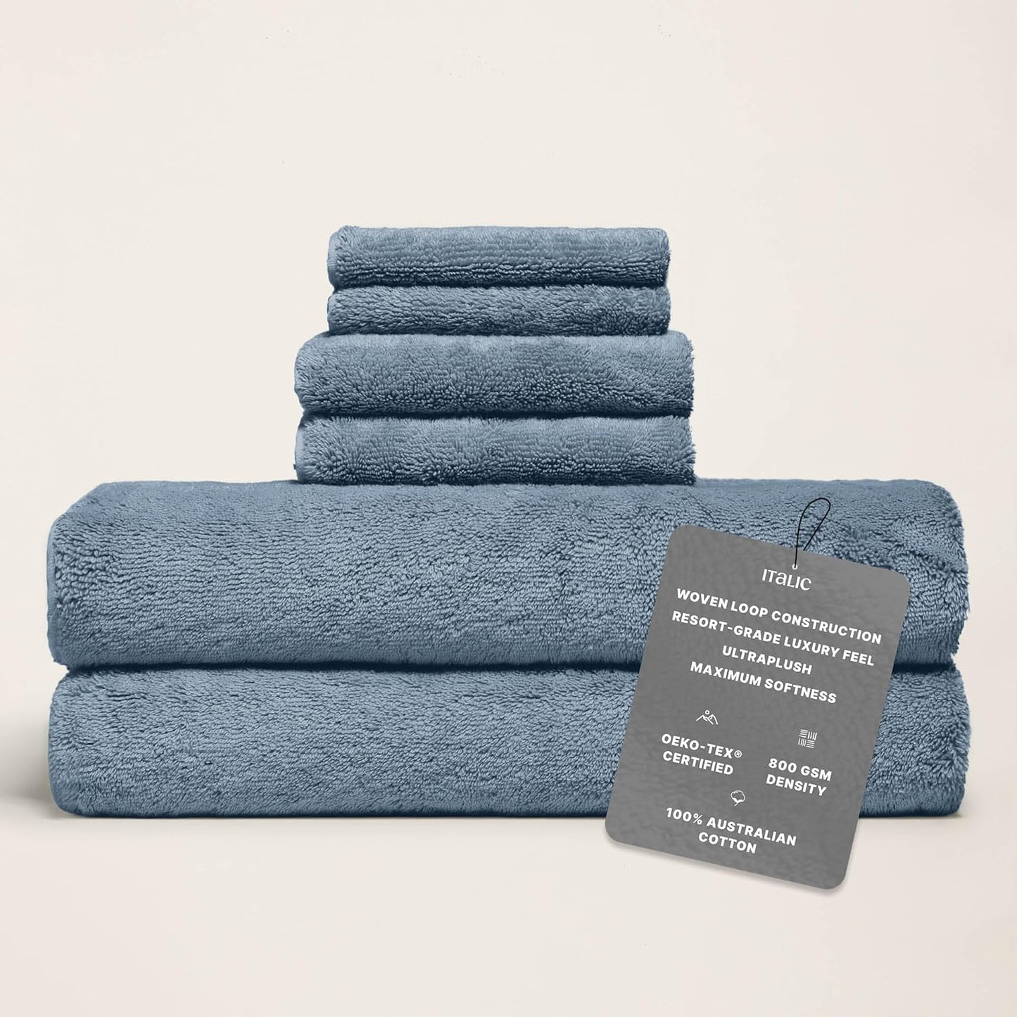 Italic Ultraplush Luxe 6 Piece Towel Set – 2 Bath Sheets, 2 Hand Towels, 2 Washcloths – 800GSM Soft, Highly Absorbent & Quick Drying, Resort Grade 100% Australian Cotton Towels (Glacier)
