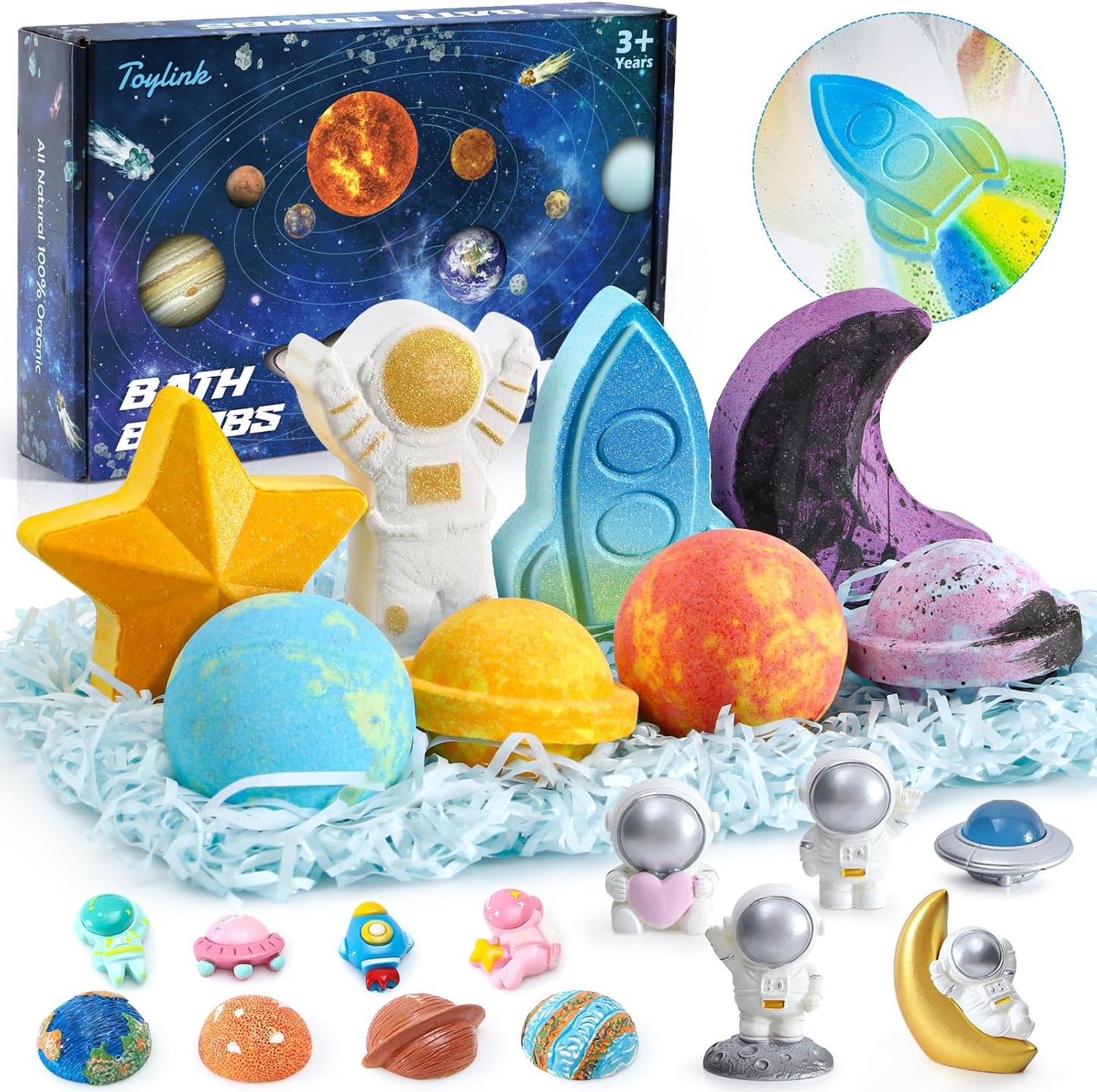 Space Bath Bombs for Kids with Surprise Inside, 8 Pack Kids Galaxy Bath Bombs with Space Toys for Toddler Boys Girls Handemade Rainbow Bubble Bath Fizzies Birthday Christmas Gift Set