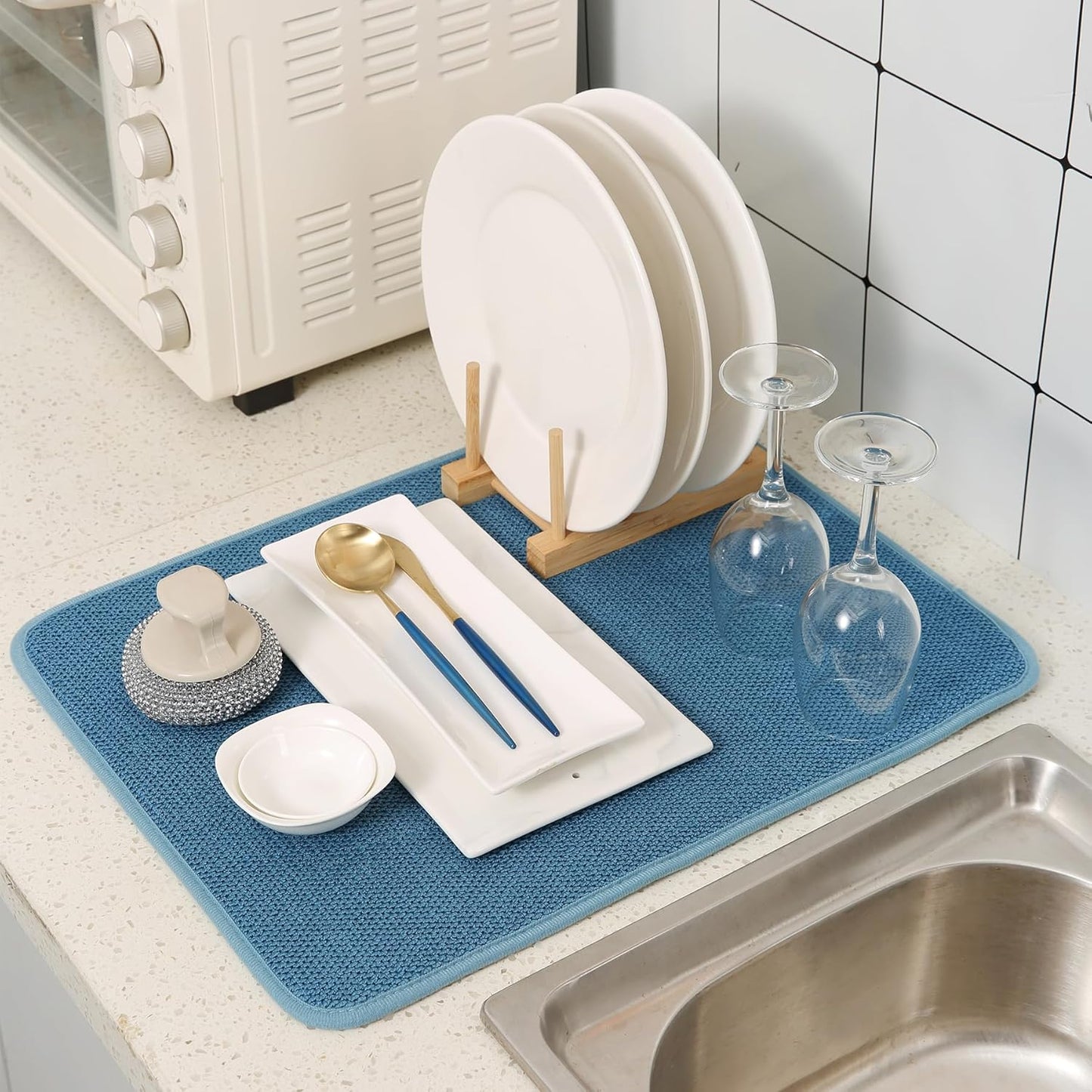 2 Pack Microfiber Dish Drying Mat for Kitchen Counter,Ultra Absorbent Dish Drainer Mat ,Dish Drying Pad ,Dish Rack Mat 20×15 Inch (Blue)