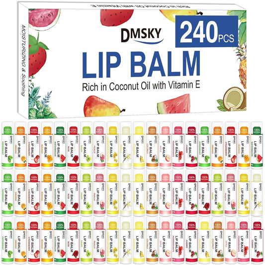DMSKY 240 Pack Lip Balm, Natural Lip Balm Bulk with Vitamin E and Coconut Oil, Moisturizing Lip Balms for Chapped Lips, Bulk Lip Balms for Women-15 Flavors