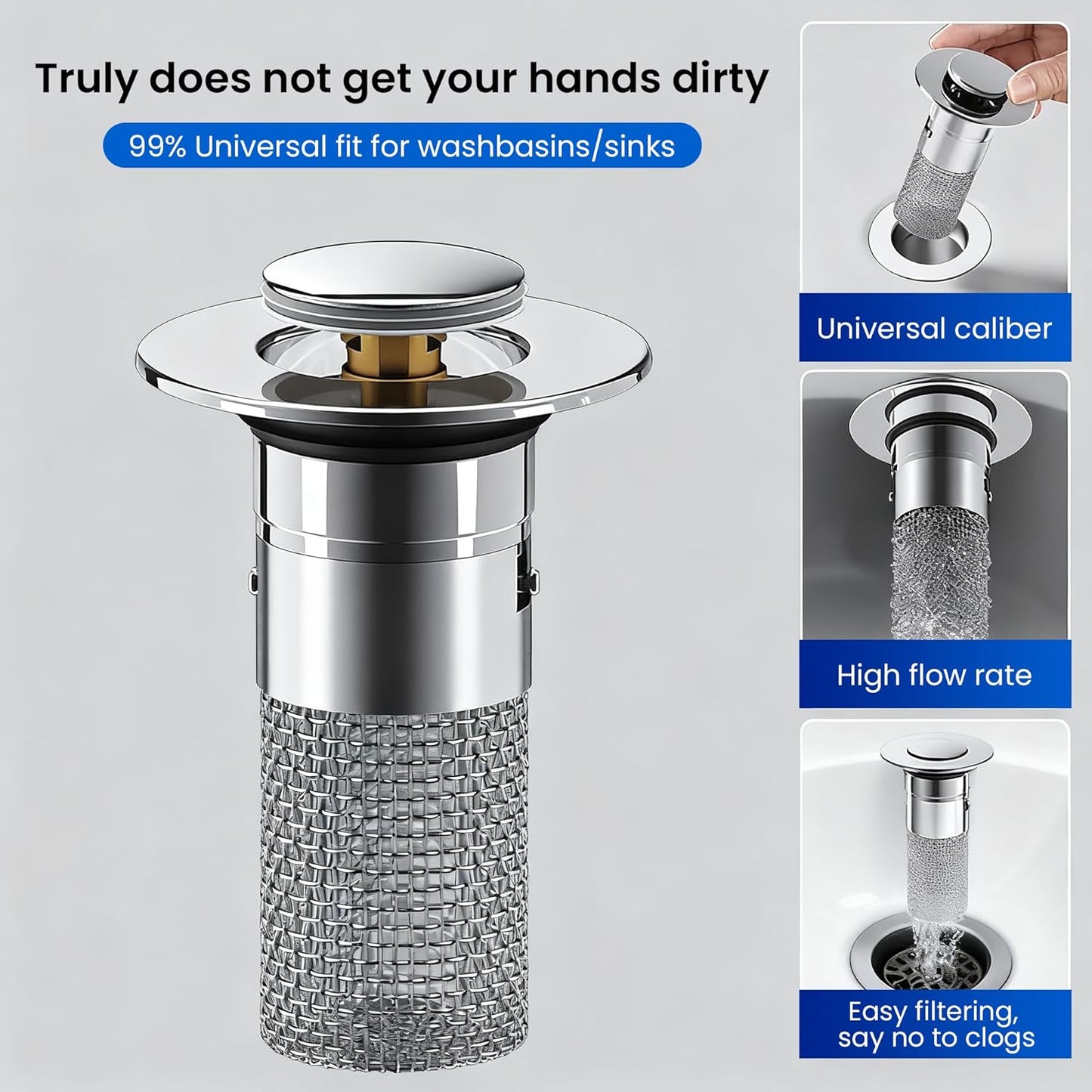 Saker Bathroom Sink Drain Strainer Hair Catcher (3 PCS), Pop-up Drain Filter with Removable Stainless Steel Filter Basket, Prevents Hair Clogs, Suitable for Bathroom Sink Stopper Replacement