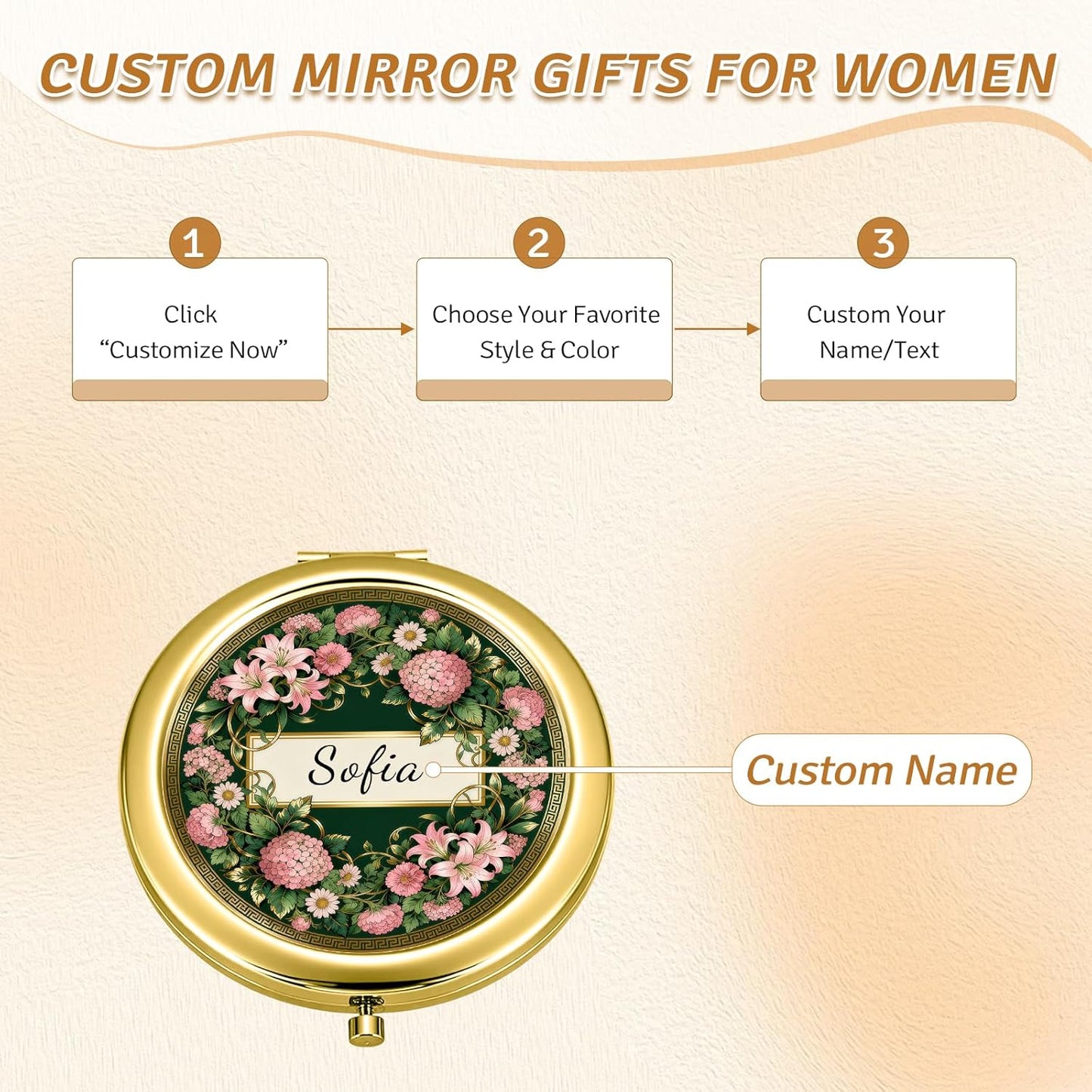 Custom Compact Mirror with Name - Personalized Flip Makeup Travel Pocket Mirror Gift for Women Bridesmaids Wedding Birthday (Classic Flower)