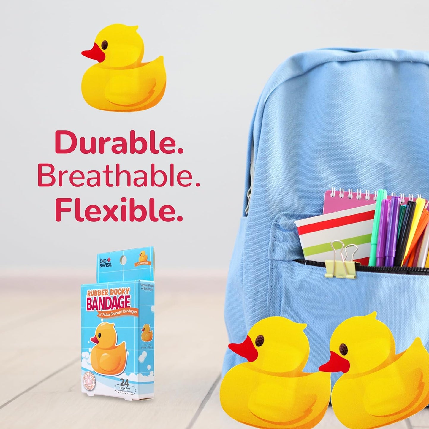 BioSwiss Kids Bandages, Rubber Ducky Shaped Self Adhesive Bandage, Latex Free, Sterile Wound Care, 24 Count