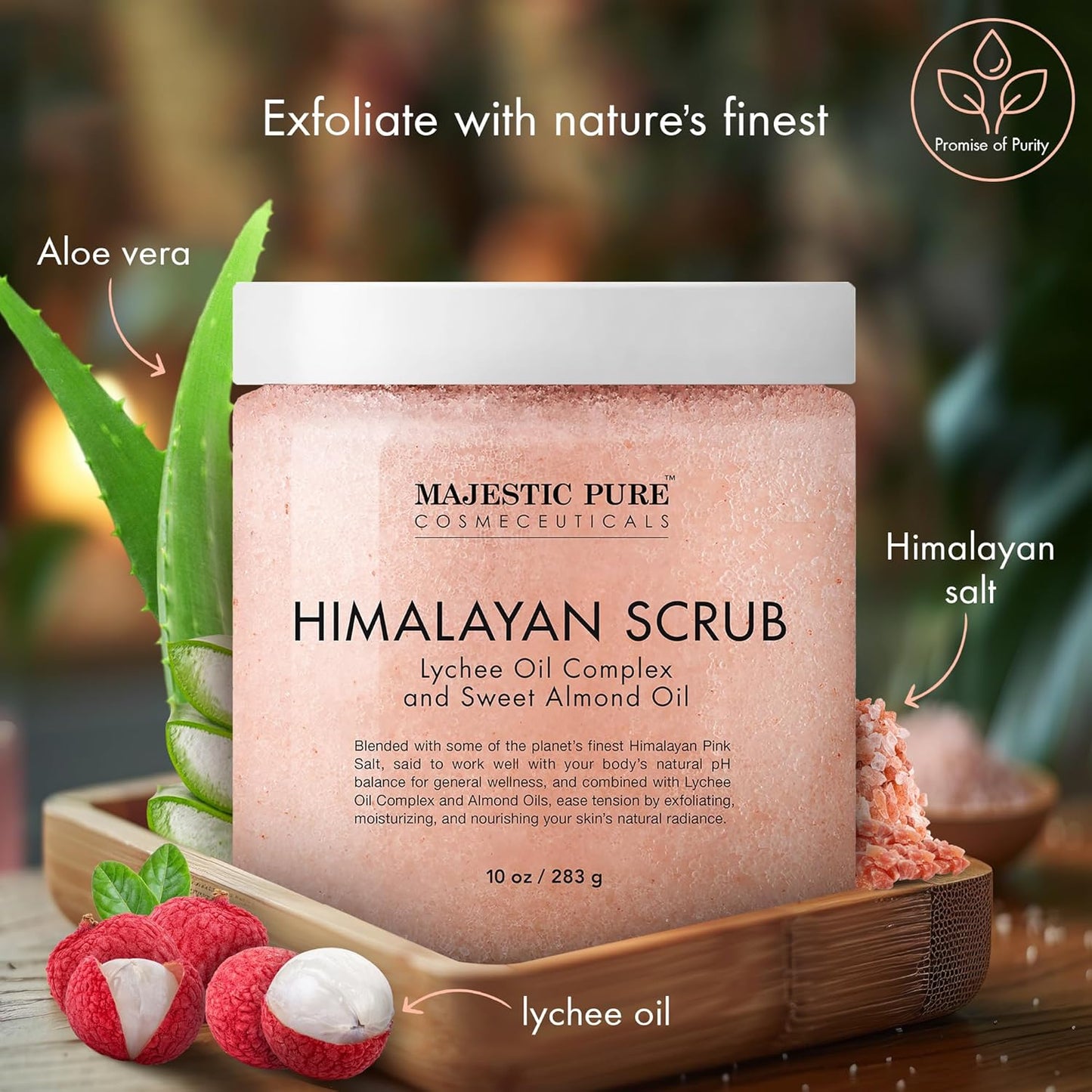 MAJESTIC PURE Himalayan Salt Body Scrub with Lychee Oil, Exfoliating Salt Scrub to Exfoliate & Moisturize Skin, Deep Cleansing - 10 oz