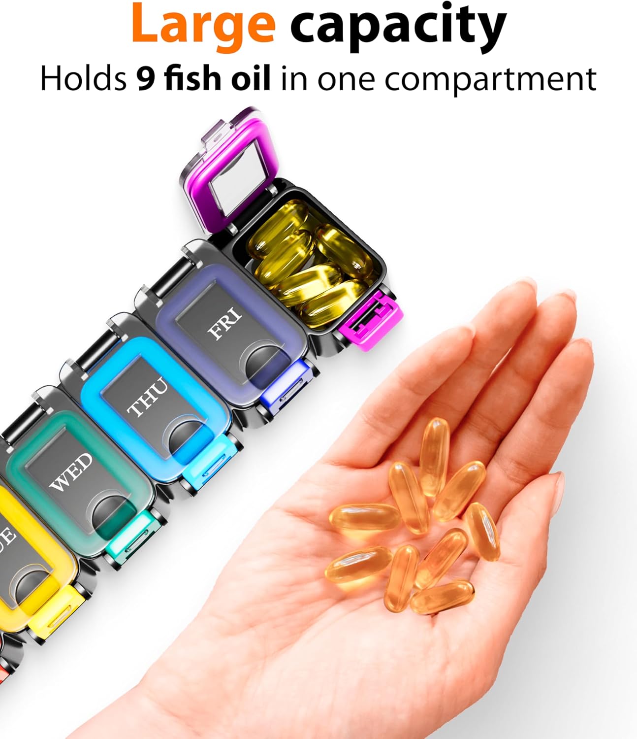 Weekly Pill Organizer 1 time a Day – Pill Box 7 Day with Enhanced Waterproof Seal, Large compartments Hold Big Vitamins & Supplements, Upgraded Locking lids, for Home & Travel use, Durable Hard case