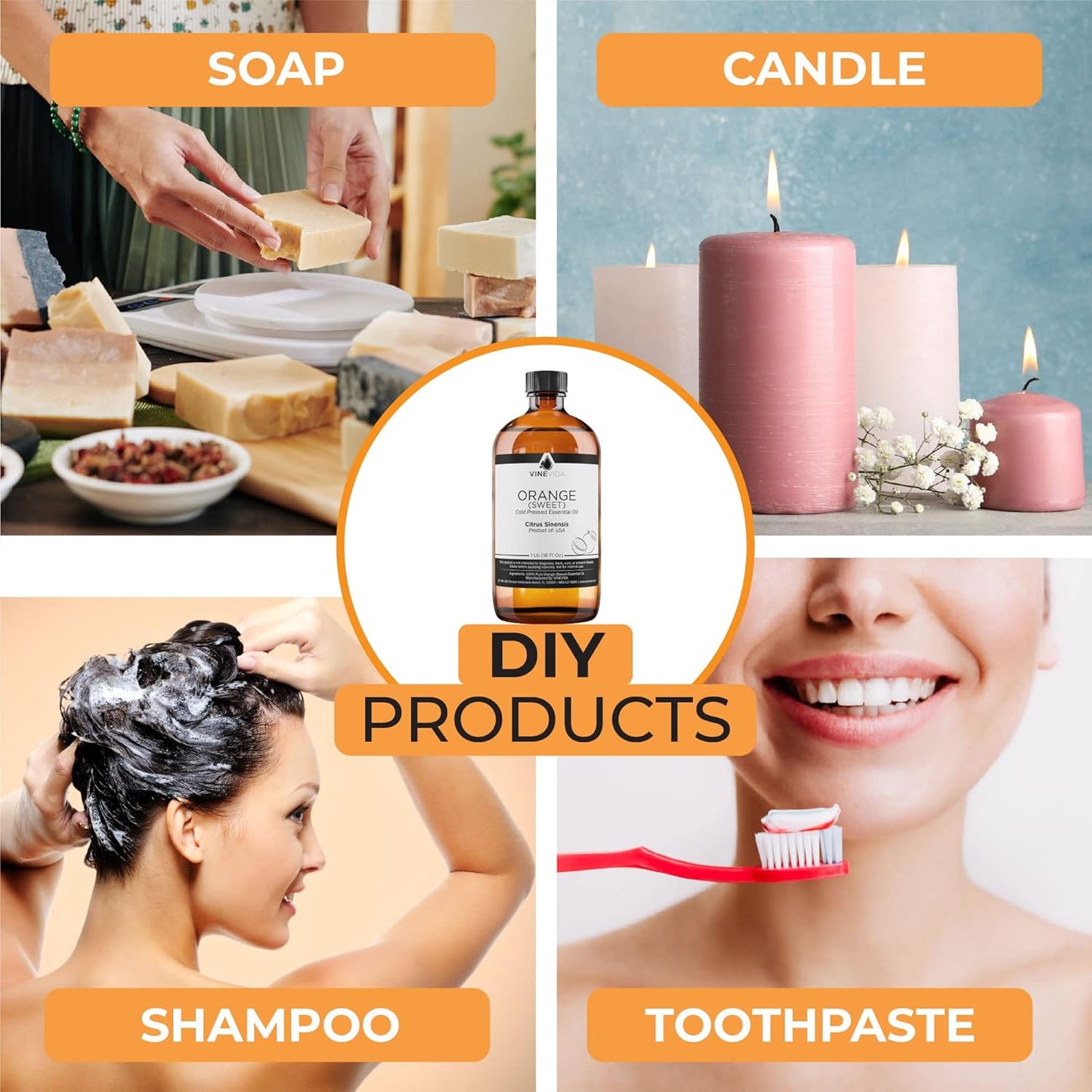 VINEVIDA Orange Sweet Essential Oil - 16 oz - Undiluted - DIY Candle Scents - Bulk for Soap Making & Skin Safe