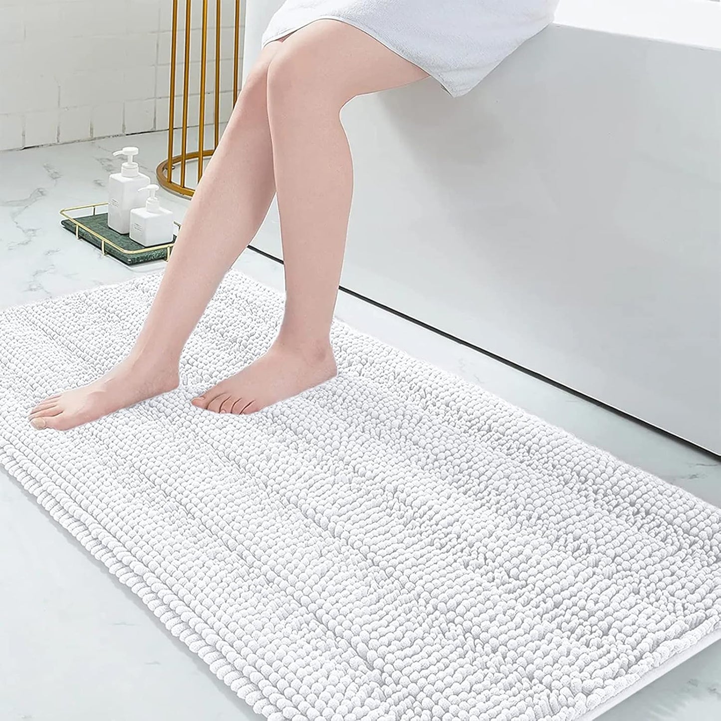 Grandaily Chenille Striped Bathroom Rugs 59x24, Extra Thick and Absorbent Bath Mats, Non-Slip Soft Plush Shaggy Shower Carpet, Machine Wash Dry, Bath Rug for Bathroom, White