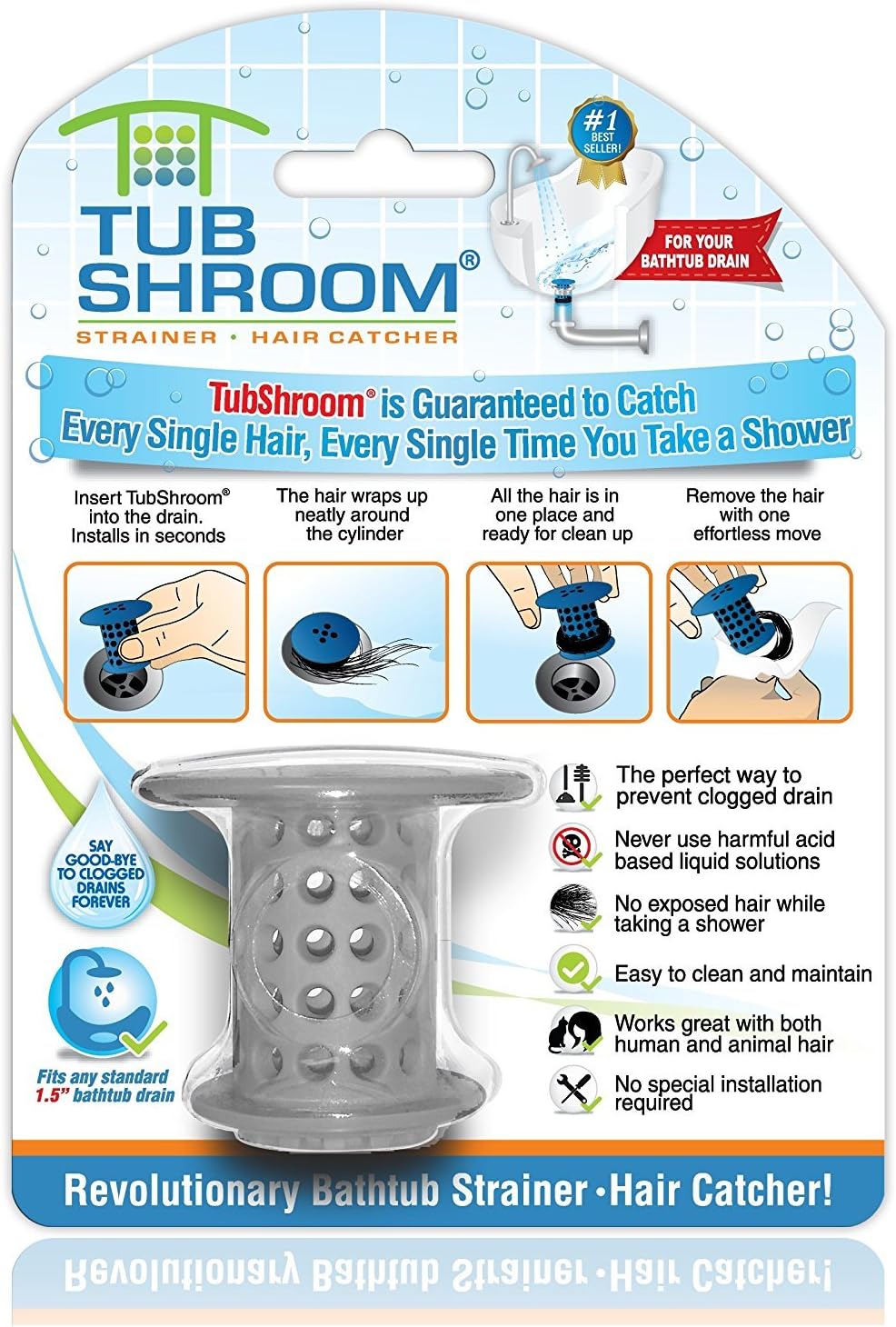 TubShroom the Revolutionary Tub Drain Protector Hair Catcher/Strainer/Snare, Gray (TSGRA454)