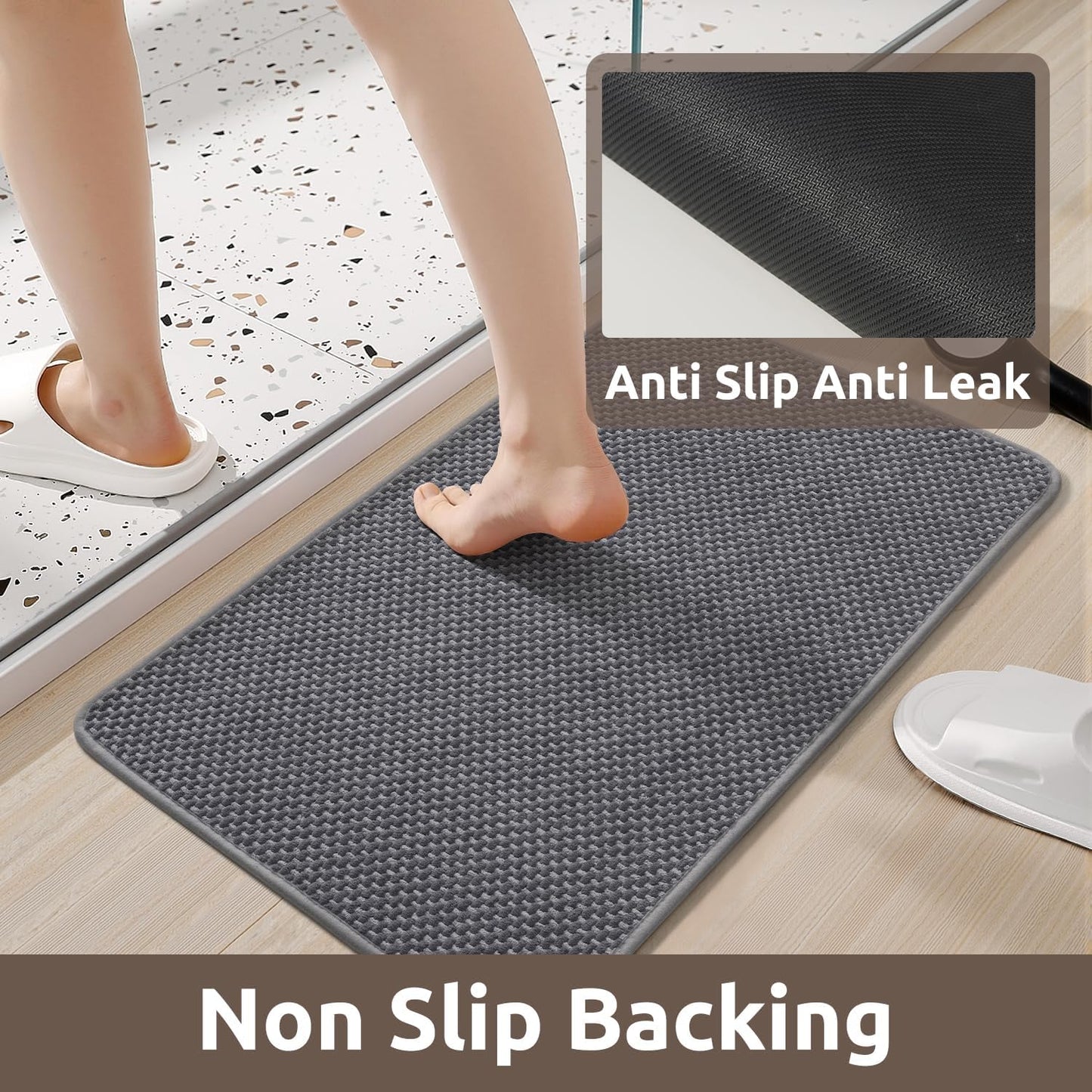 AMOAMI Chenille Bath Mat Super Absorbent Bathroom Mat Quick Dry Bath Mats for Bathroom Rubber Backed Bathroom Rugs Non Slip Washable Fit Under Door, Front of Bathtub, Sink, Darkgrey&LIGHTGREY 20"x32"