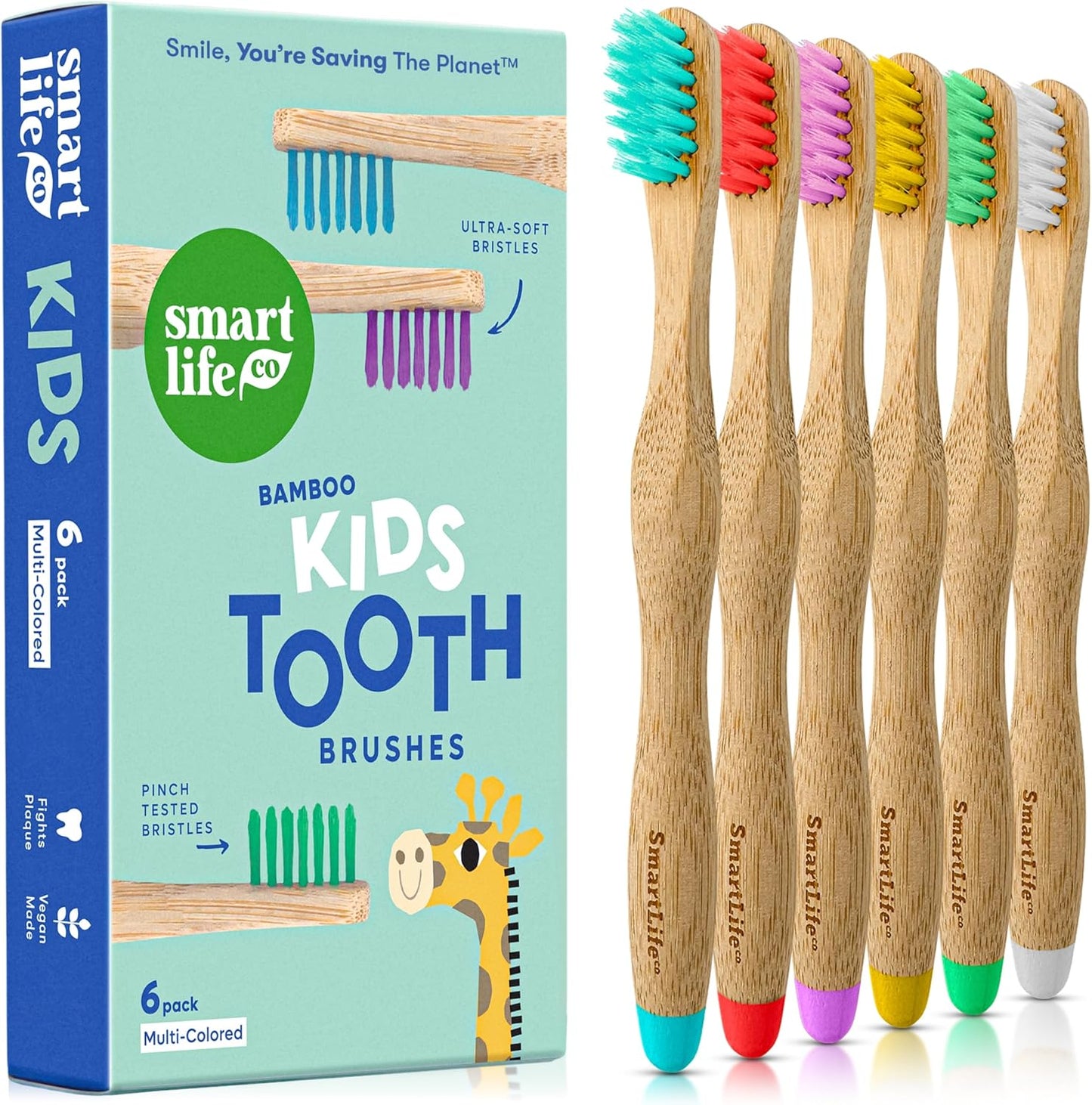 SmartLifeco Kids Bamboo Toothbrushes (6 Pack) - Extra Soft Bristles for Toddlers Teeth | Zero Waste Tooth Brushes for Children | Natural Wooden Child Size Handle | BPA Free, Eco-Friendly